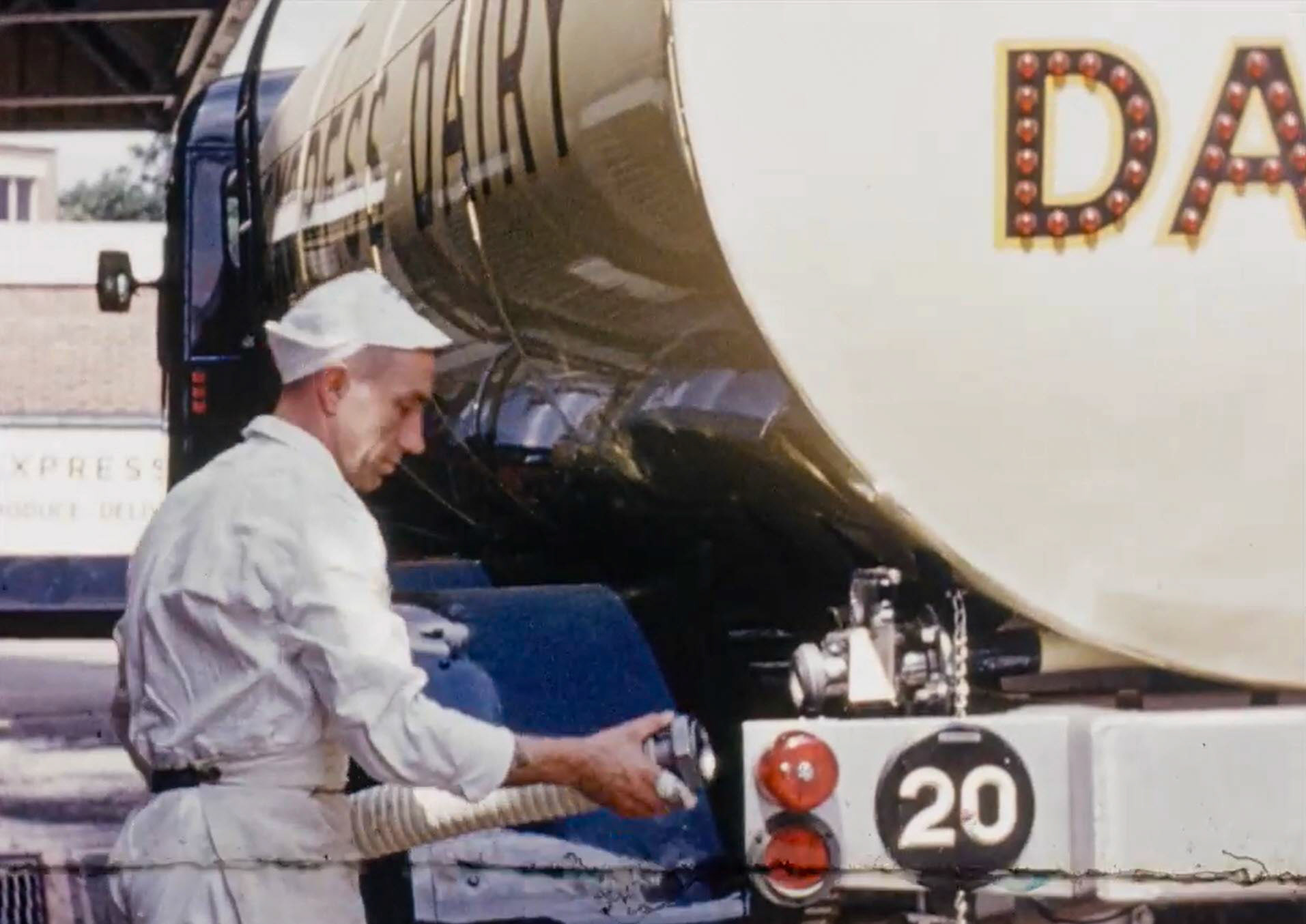 1954 South Morden Processing-connecting road tanker from Billingshurst before unloading. (Stills from Express Dairy Film)