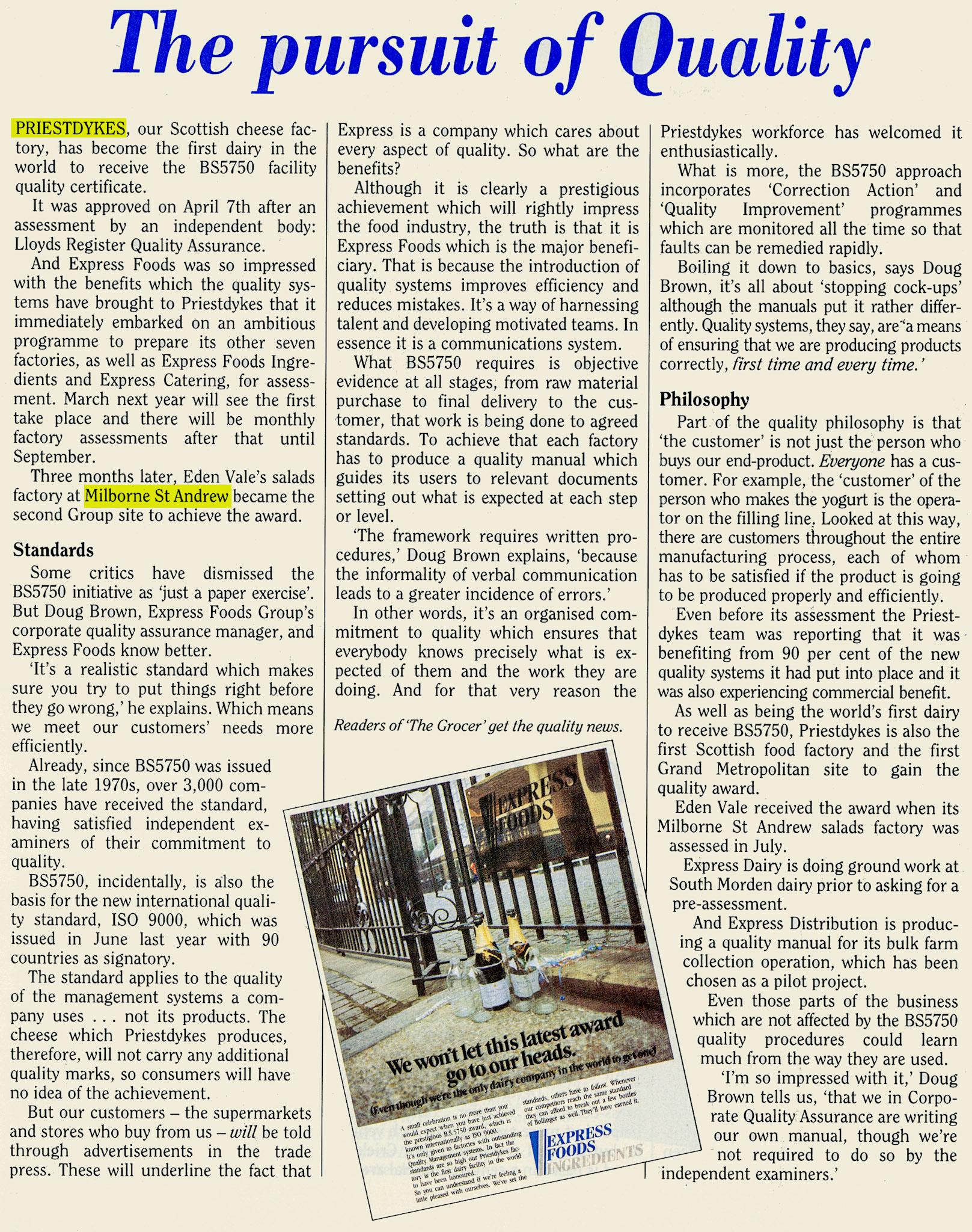 1988 'BS5750 for Priestdykes and Milborne'.  Mike Oaten comments "I spent a lot of time at Milborne to get them sorted for the BS5750 audit". (August Express News)