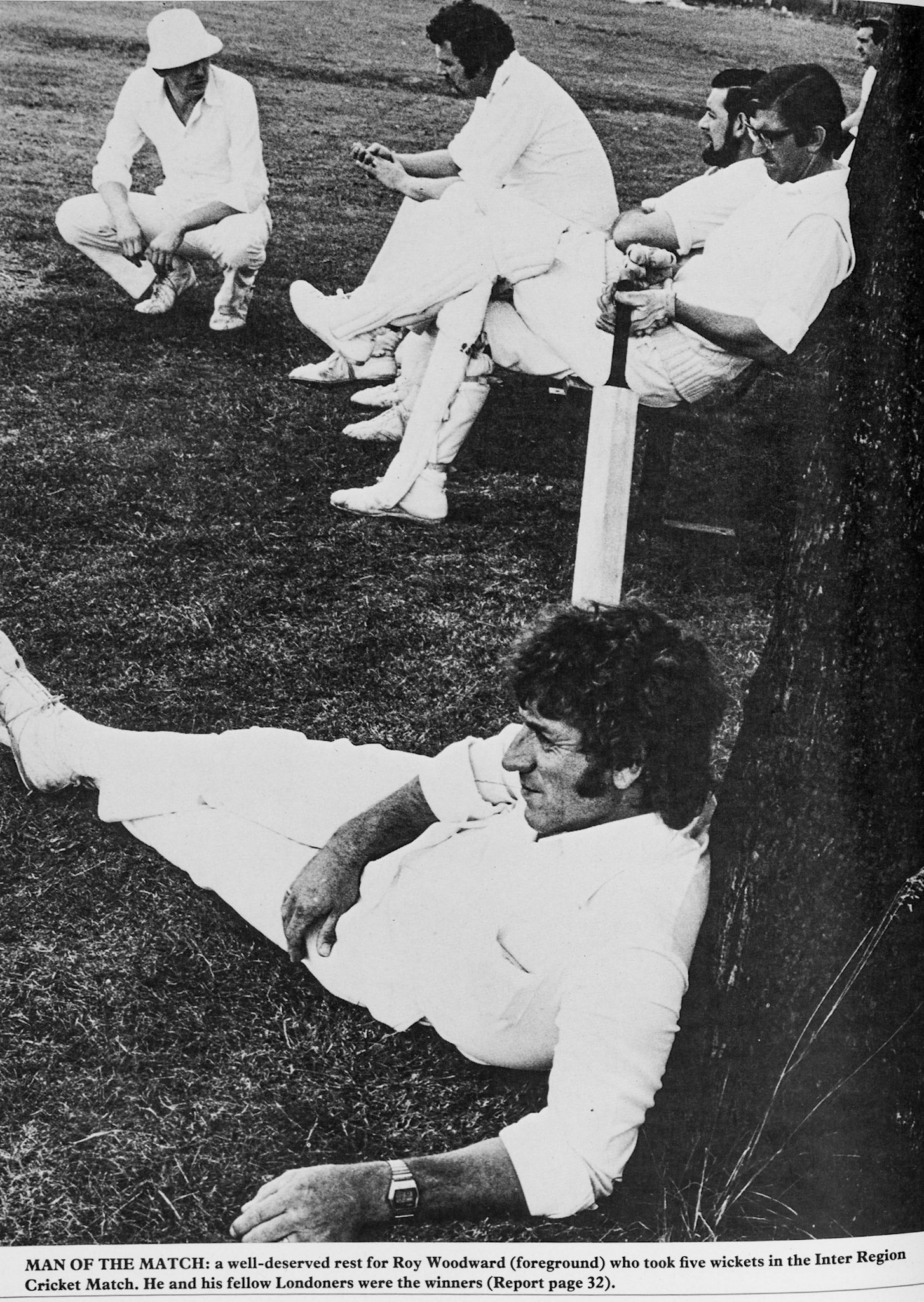 1979 North v South Inter-Region Cricket match-Roy Woodward, South Ruislip, takes a rest with the winning London team behind. (Express News Autumn, Back Cover)