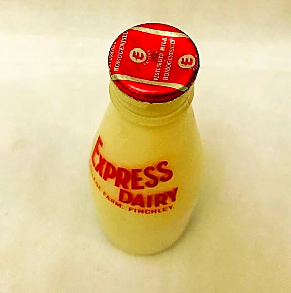1950's Express homogenised milk, with College Farm enamelled bottle (Courtesy Paul Smith)