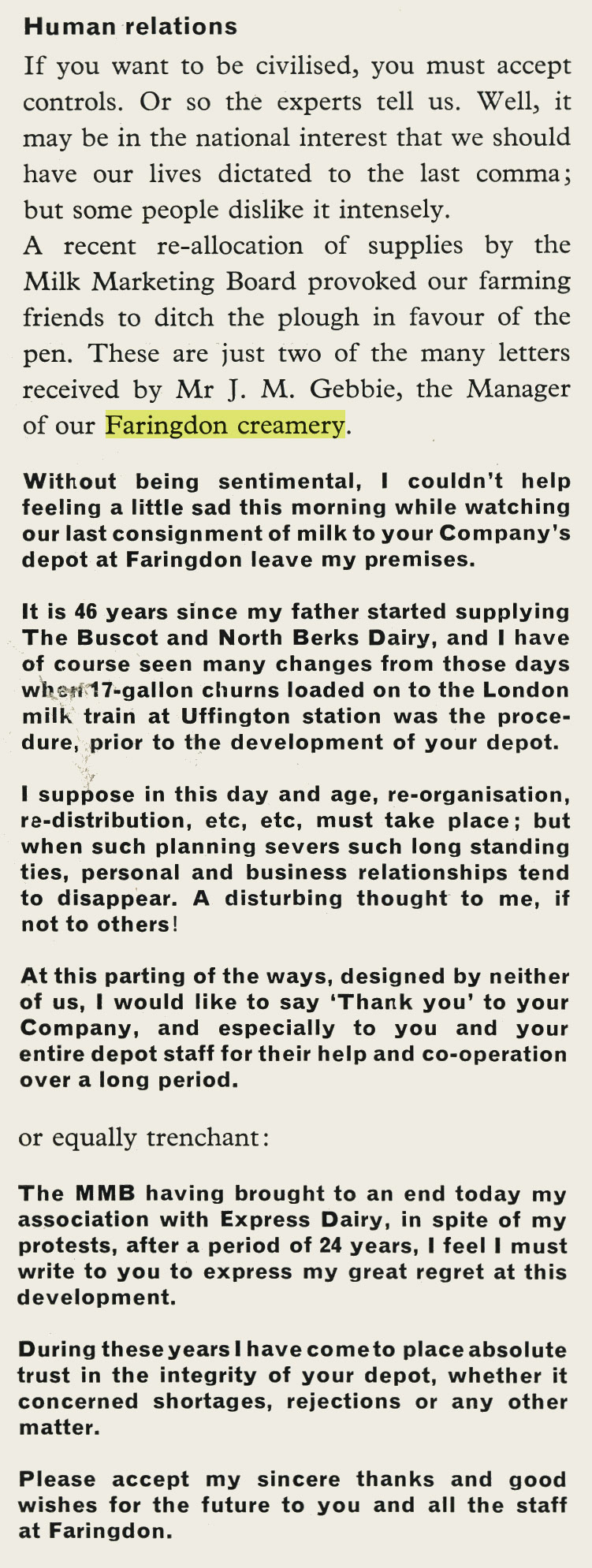 1965 Faringdon Creamery letters to Mr J. M. Gebbie. (Express News Christmas)