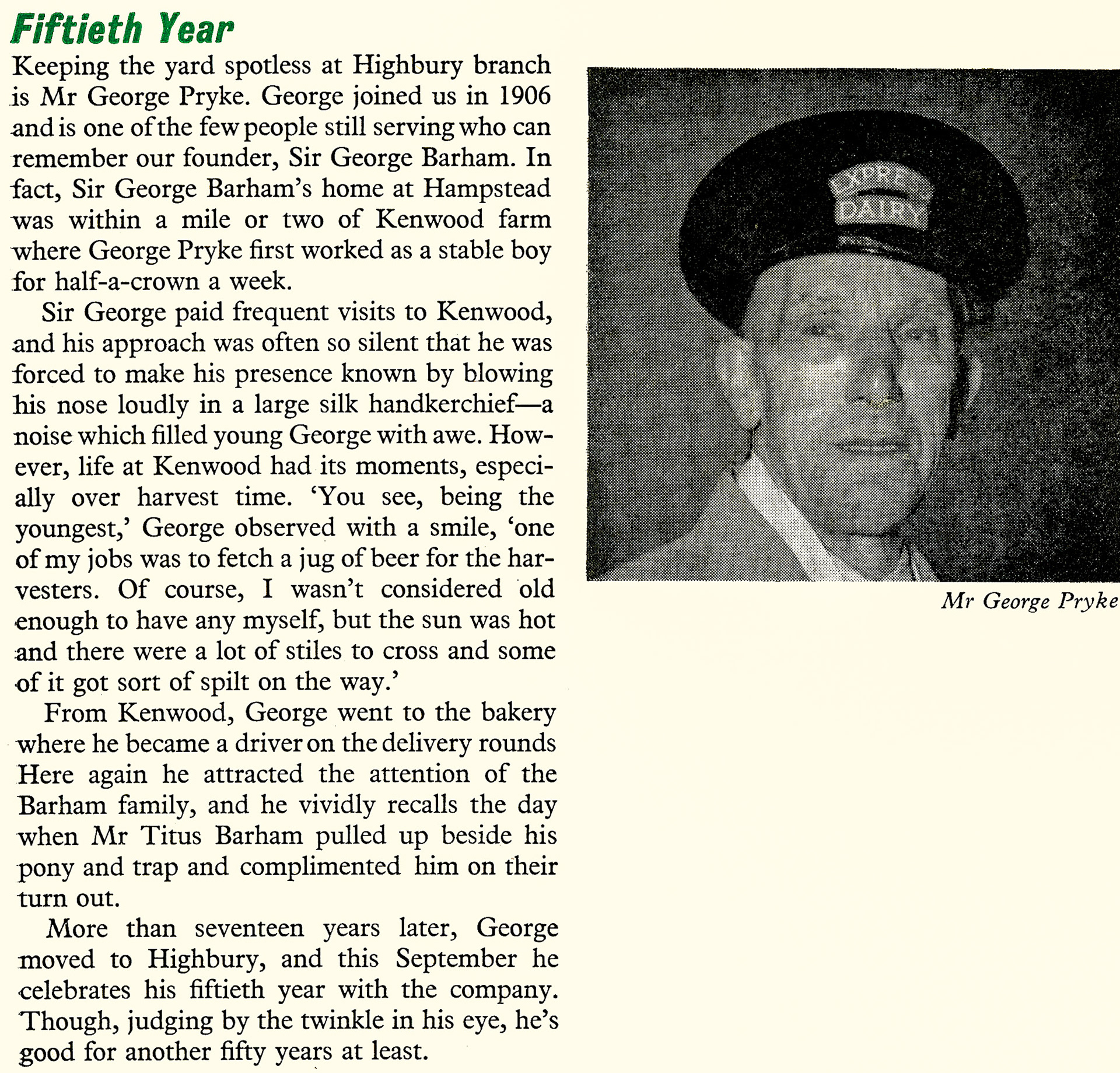 1956 Highbury yardman George Pryke celebrates 50 years with Express, having started at Kenwood Farm and the Bakery. (Express News April)