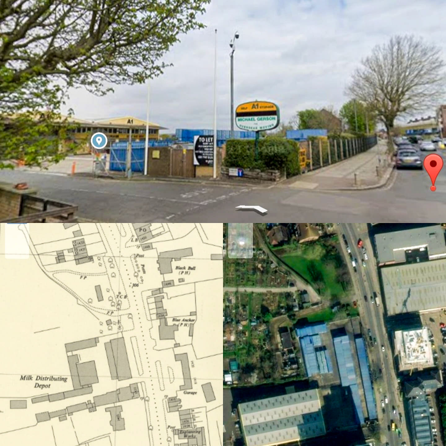 2024 A1 site now, occupied by A1 Self Storage and Michael Gerson Overseas Removals, with the 1950s O/S map showing the location. (Courtesy Mark Amies)
