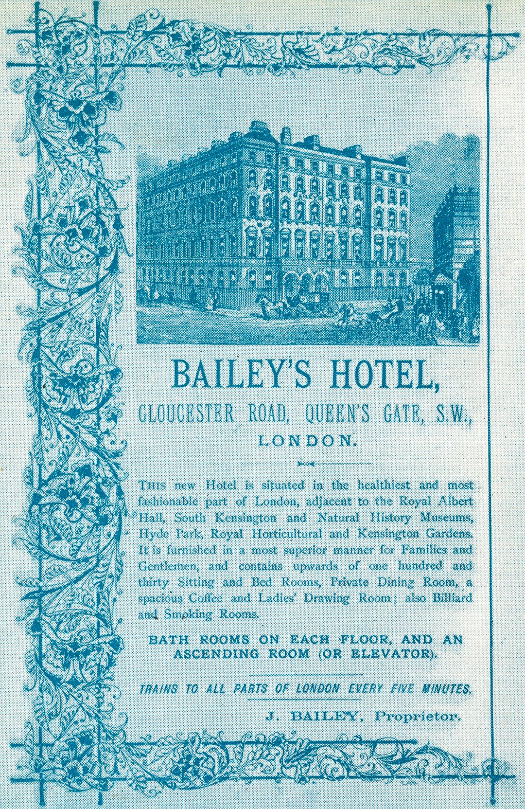 1885 Advertisement for the Bailey's Hotel in Queen's Gate, later acquired by Spiers &amp; Pond in 1890..  (From Express Story 1864 - 1964)
