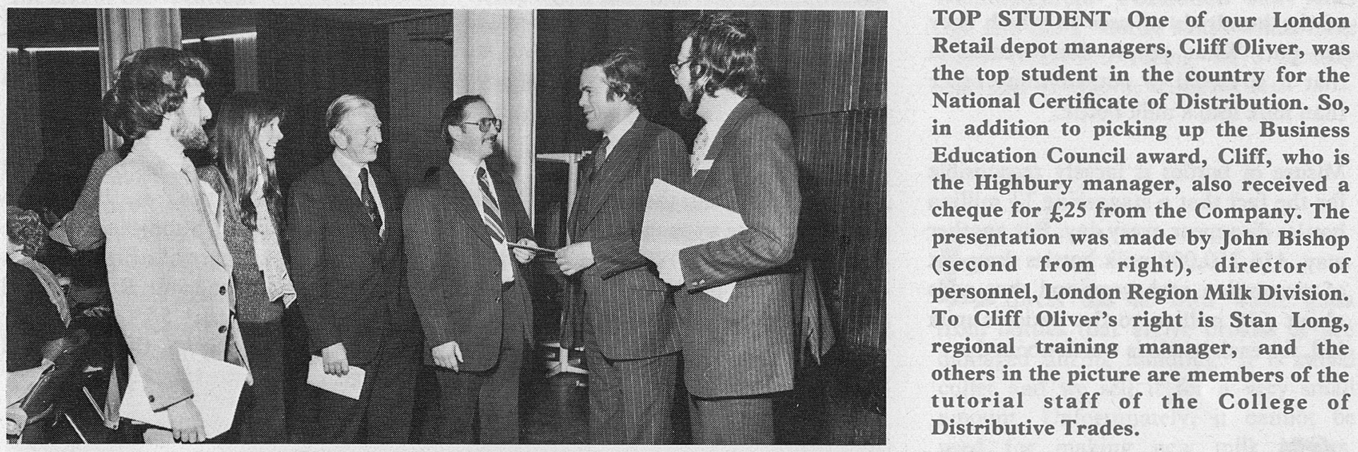 1980 John Bishop, Personnel Director, London Milk Division presents awards Cliff Oliver (Highbury Depot). Standing to his left is Stan Long, Regional Training Manager#