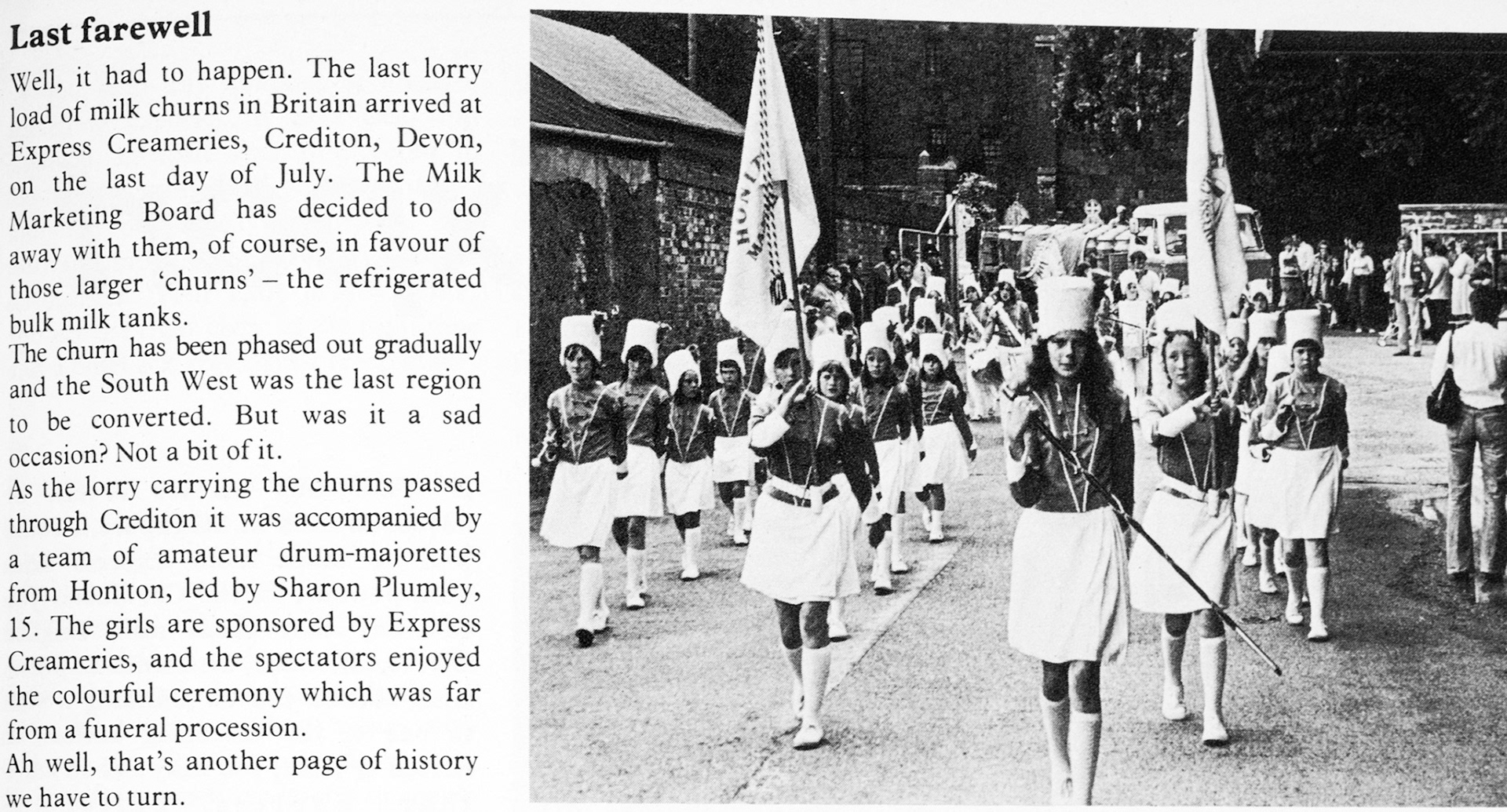 1979 Honiton drum-majorettes marched in Crediton to mark the end of churn transport in Crediton. They are sponsored by Express Creameries, and led here by Sharon Plumley. (Express News Autumn)