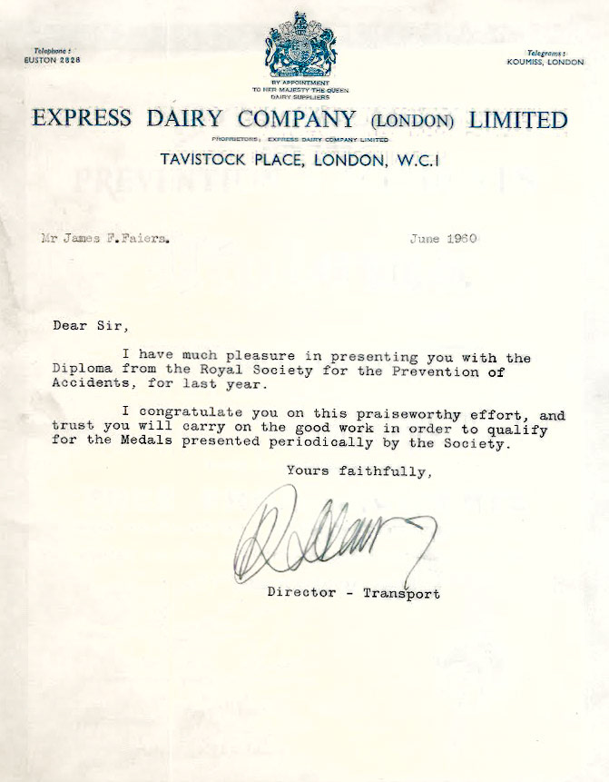 1960, Jim Faiers ROSPA Safe Driving Award (Courtesy Adam Faiers)