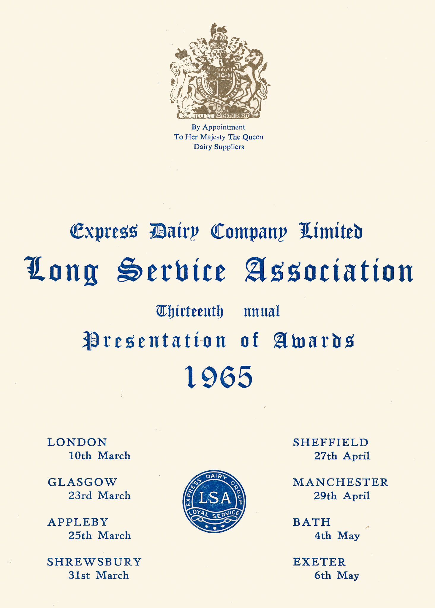 1965 Long Service Awards Programme-Front Cover. Kevin Yates explains "These are items that belonged to my dad Cyril Anthony Yates when he worked for Express Dairy at Levenshulme, as Rounds Supervisor. The watch was for 30 years service in 1970, the other items are from 1965. He worked for Dobson's before Express took over, he sadly passed away in 1987. I joined Express Dairy in 1972 straight from school - I have been retired for two years now (2025). (Courtesy Kevin Yates)