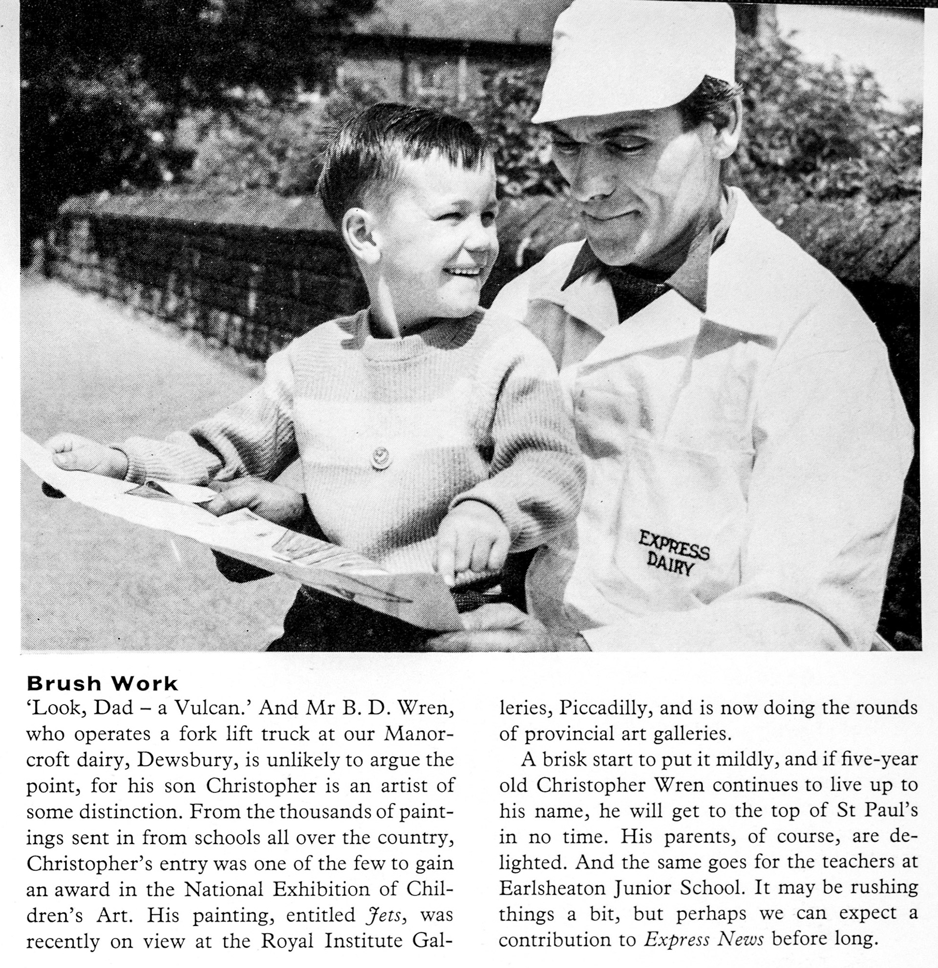 1961 Manorcroft Dairy fork lift truck driver Mr B.D. Wren's son Christopher gained an award in the National Exhibition of Children's Art in London. (Express News Autumn)