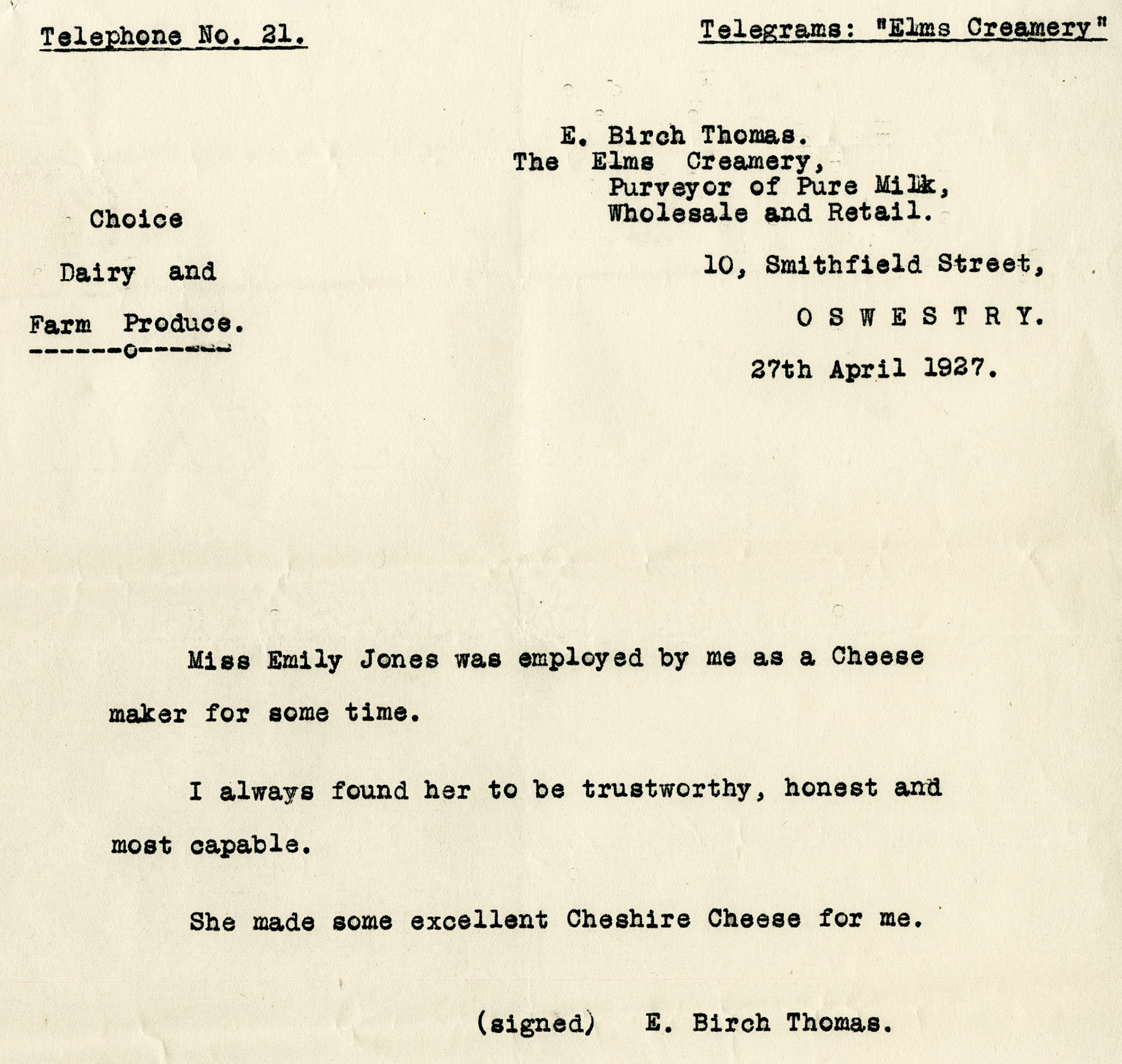 1930 Ruyton Co-operative Dairies-Cheesemaker Job Applications-Miss Emily Elizabeth Jones.