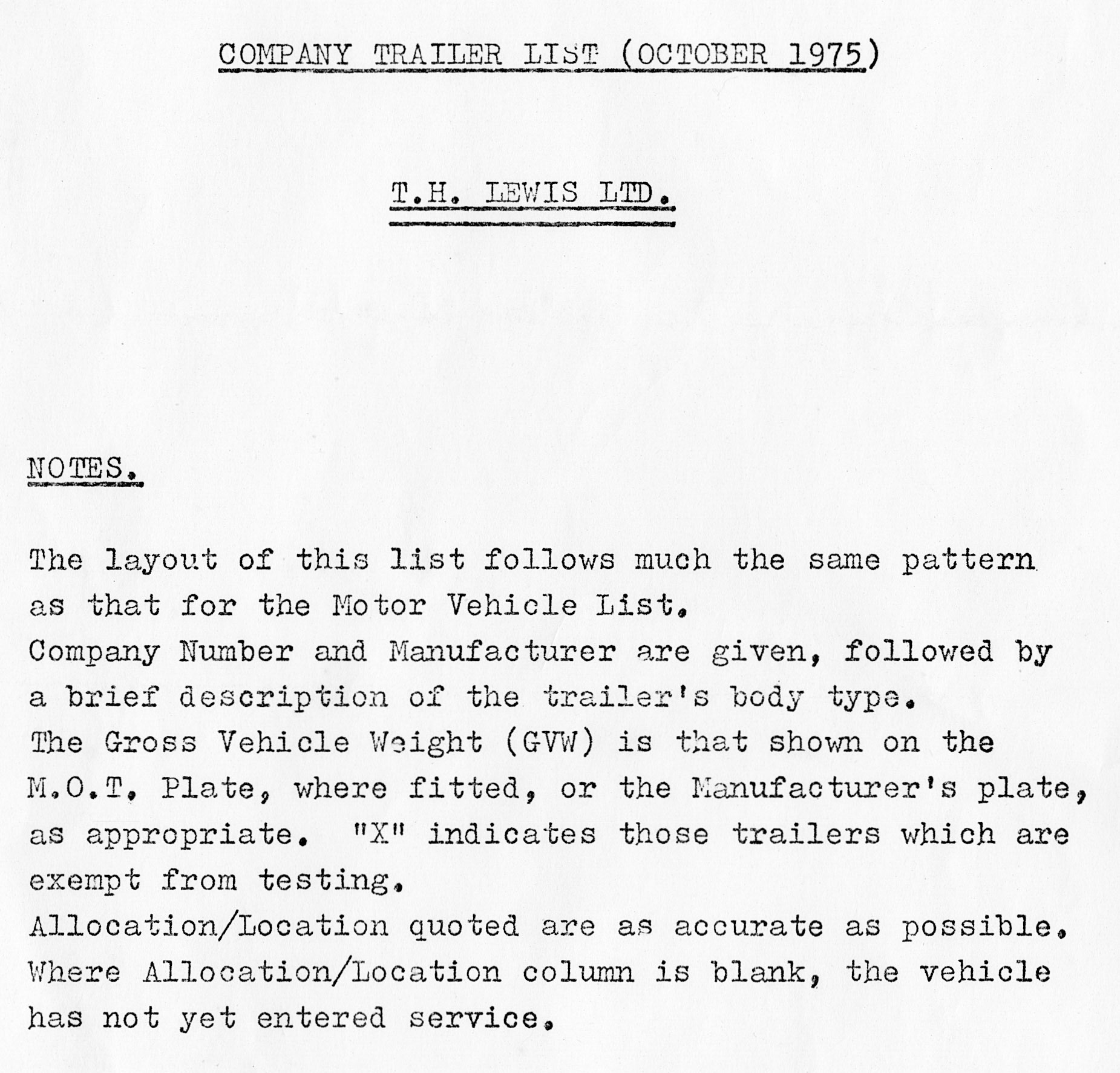 1975 T.H. Lewis trailer list on 1st October (Courtesy Dave Fane)