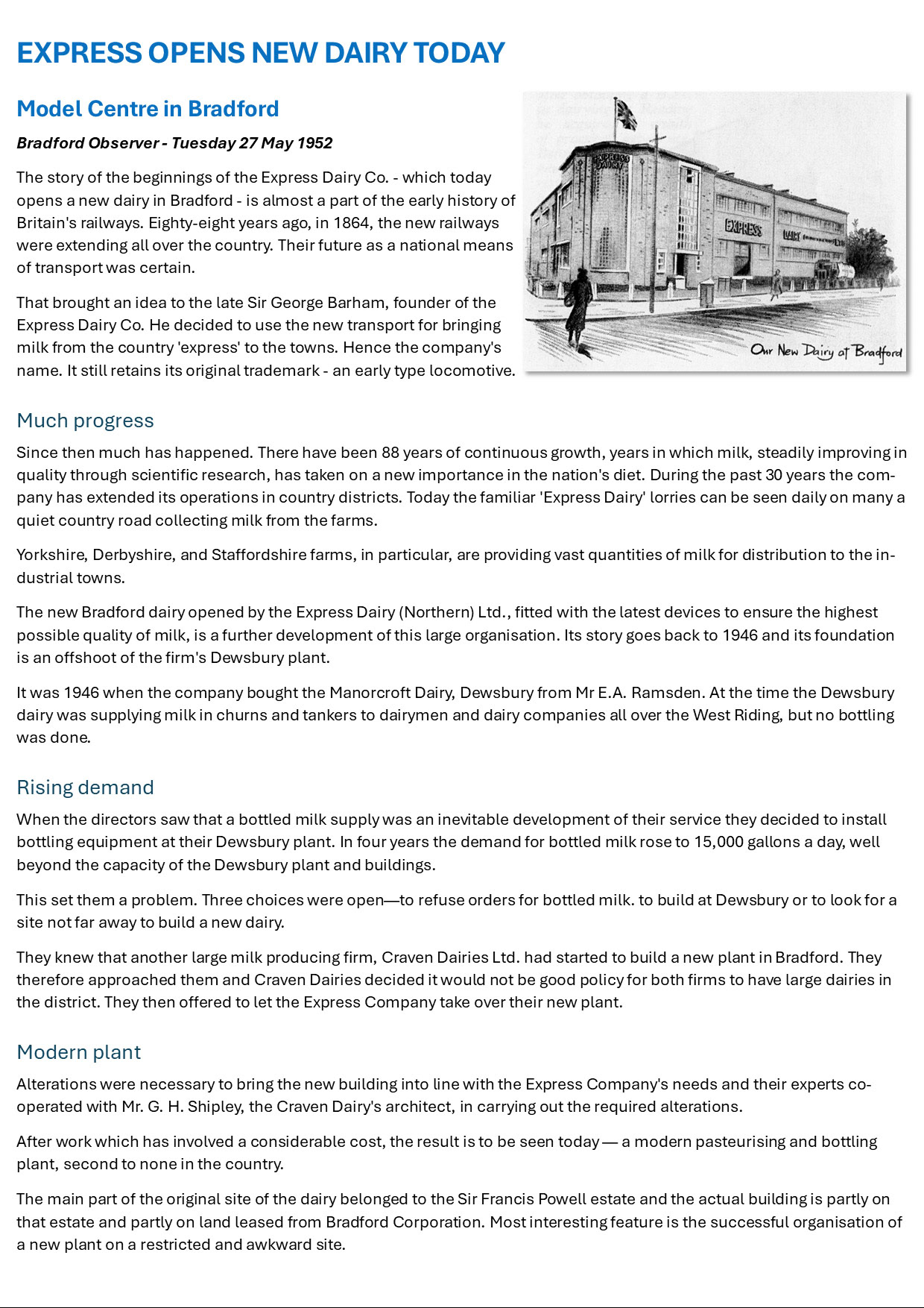 1952 Transcript of Bradford Observer article abou the opening of the new Bradford Model Dairy.