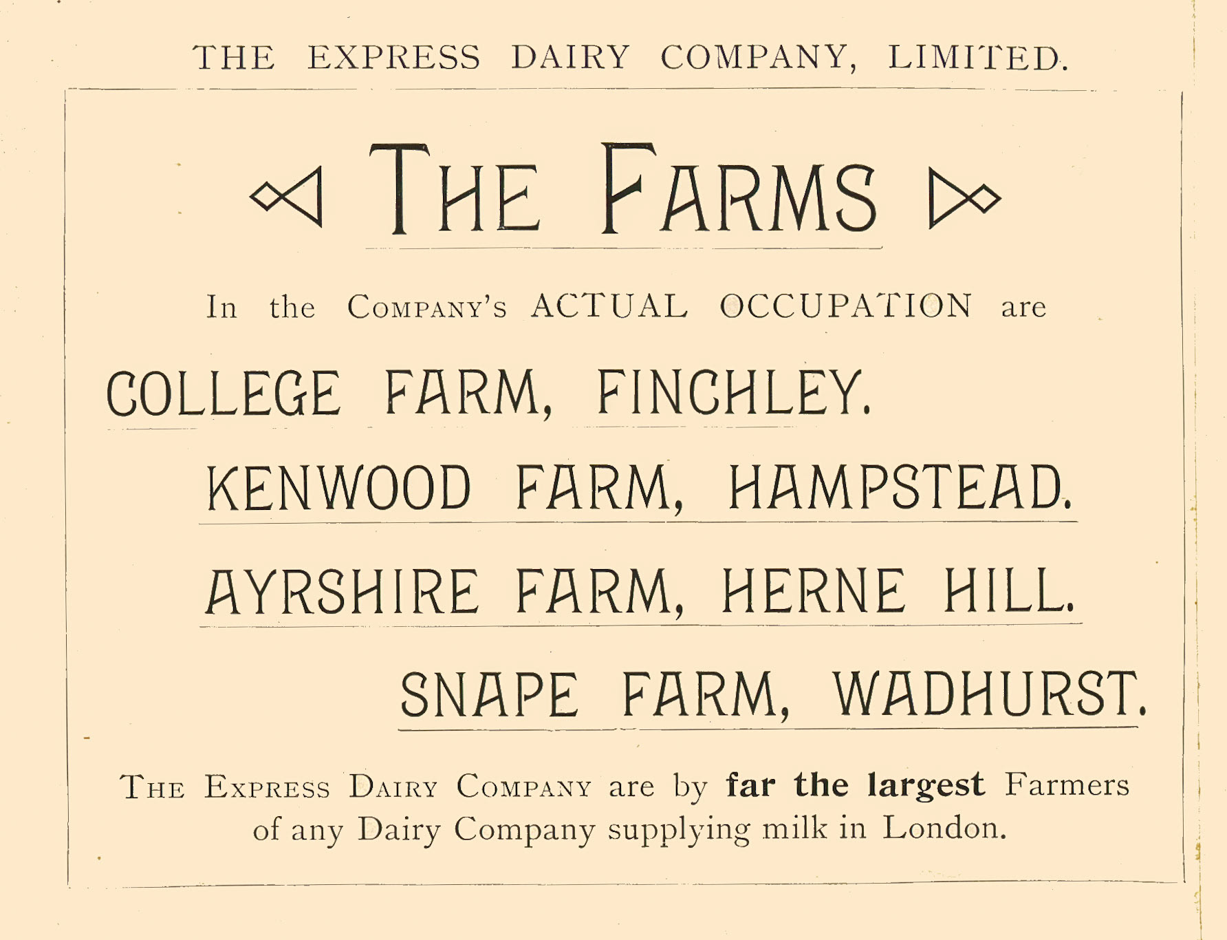 1893 List of four farms operated by The Express Dairy Company, from 'Souvenir from Finchley' (Courtesy Brian Wastell)