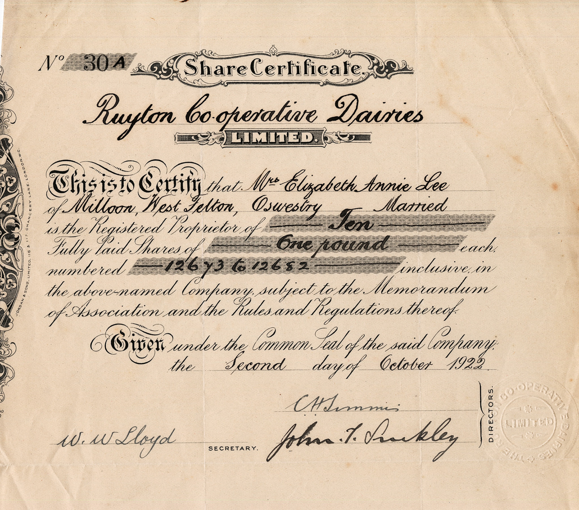 1922 Share Certificate-Mrs Elizabeth Annie Lee