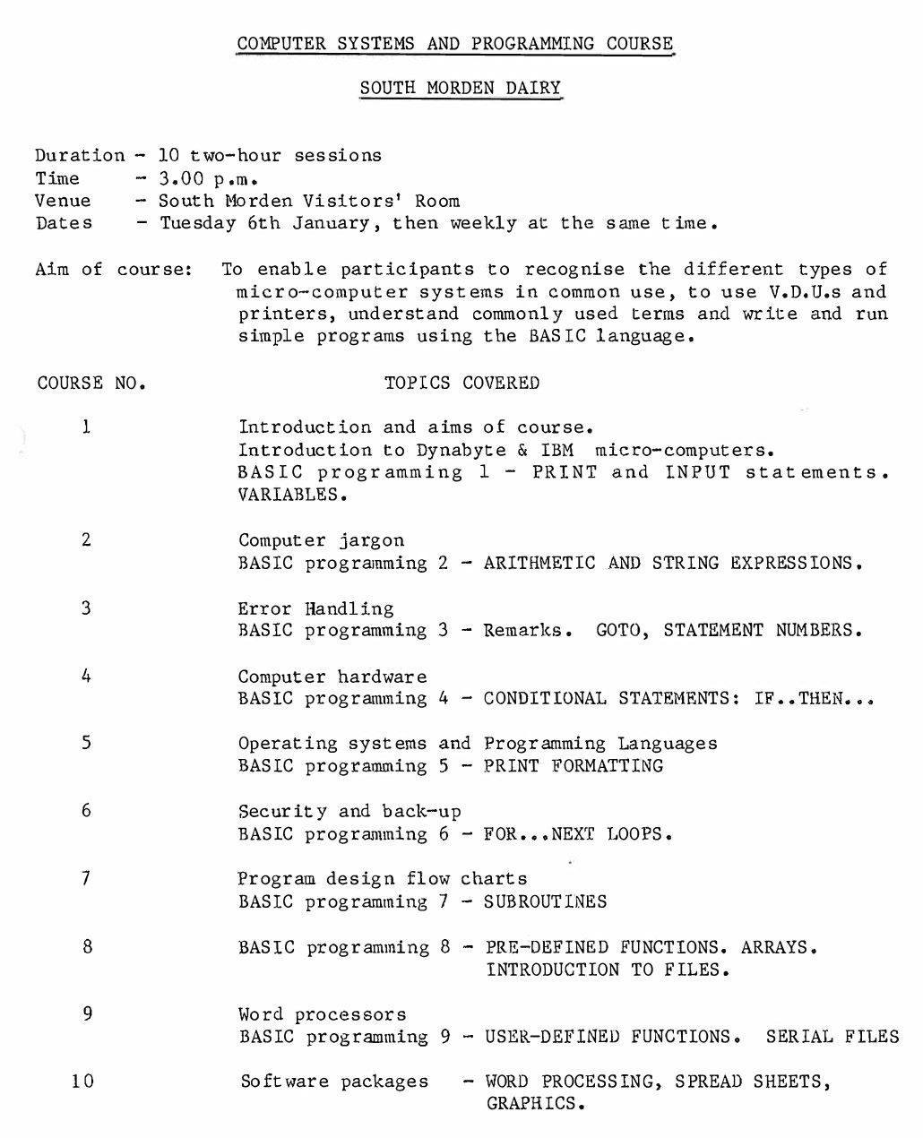 1987 Programming Course for management run by Peter Roper at South Morden Processing - early days of computing, we had Dynabyte computers running MP/M and the first IBM PC's