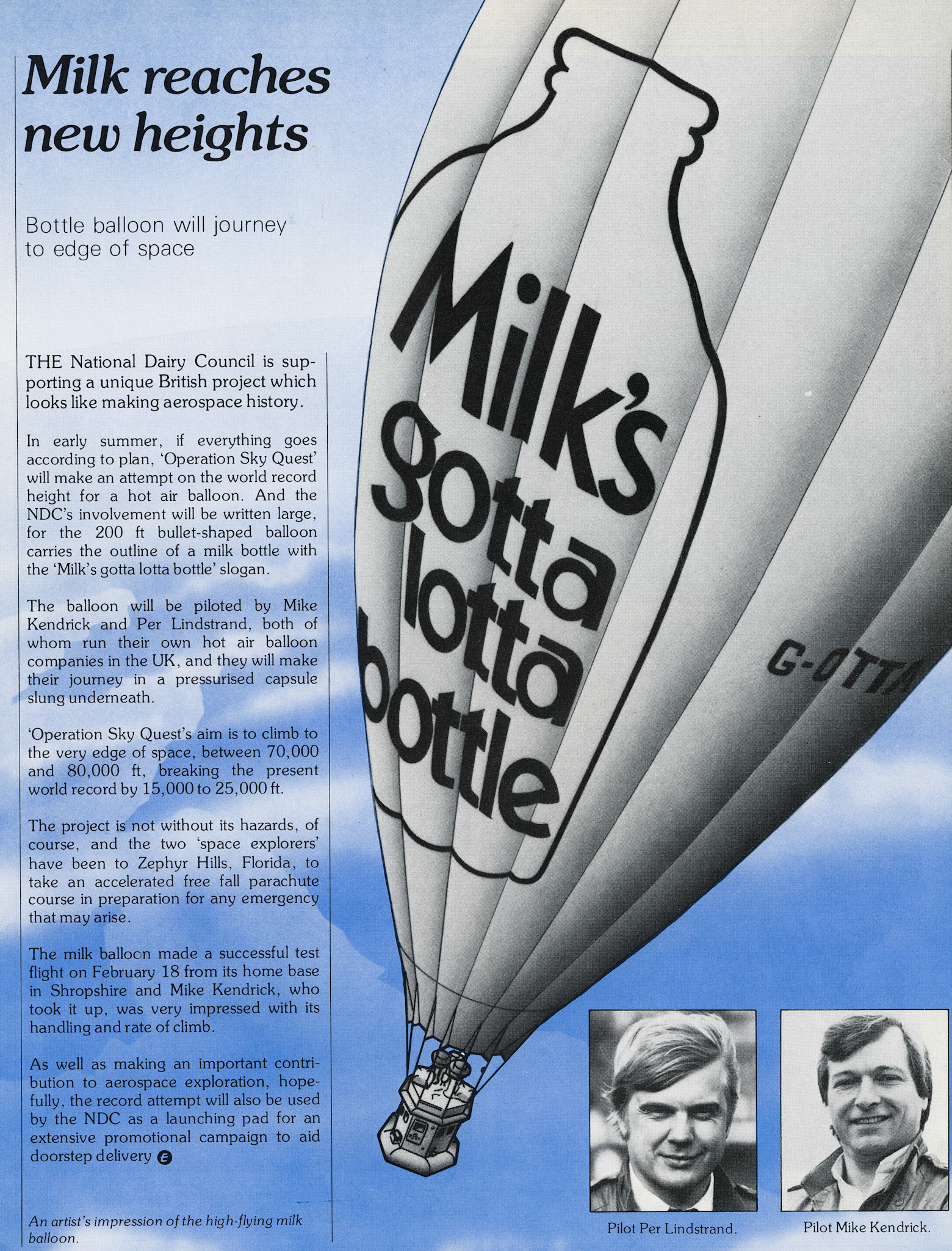 1983 Milk-bottle shaped hot air balloon attempts world record height competition. (Express News Spring)