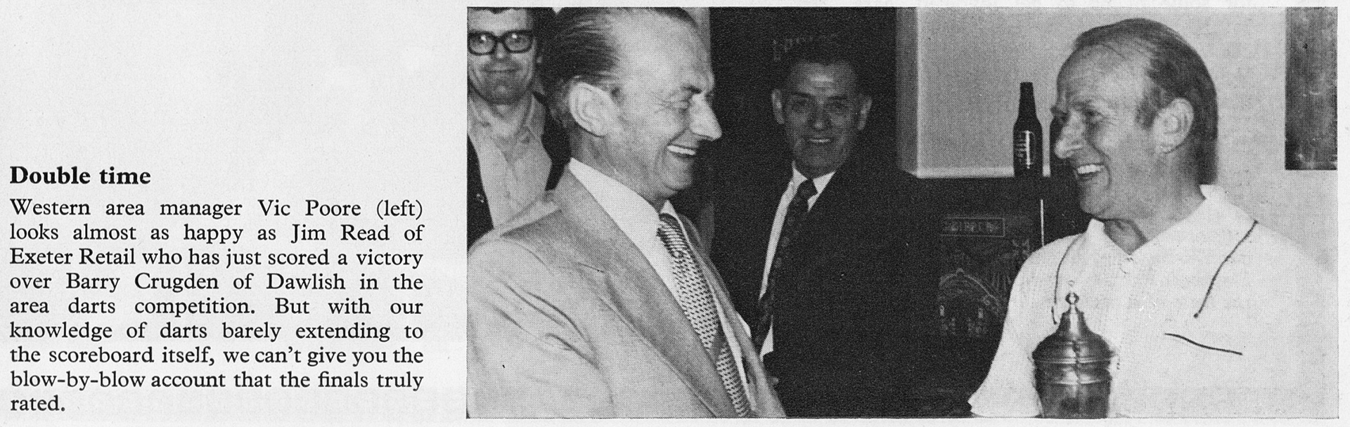 1976 Exeter and Dawlish celebrate darts competition. The caption mis-spells Jim's name, it should be Jim Reid (correction thanks to his son Jimmy.