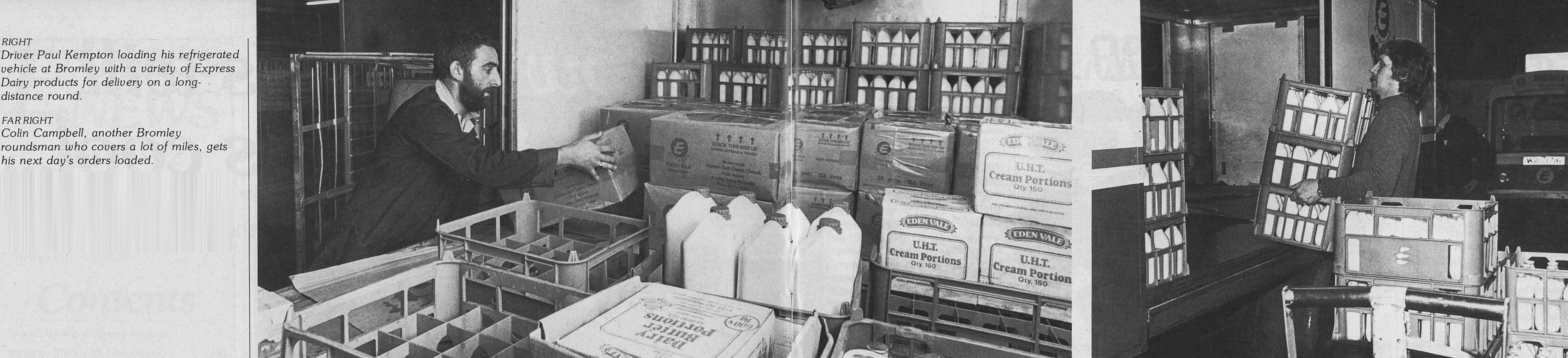 1982 Bromley milkmen load the new refrigerated delivery vehicles