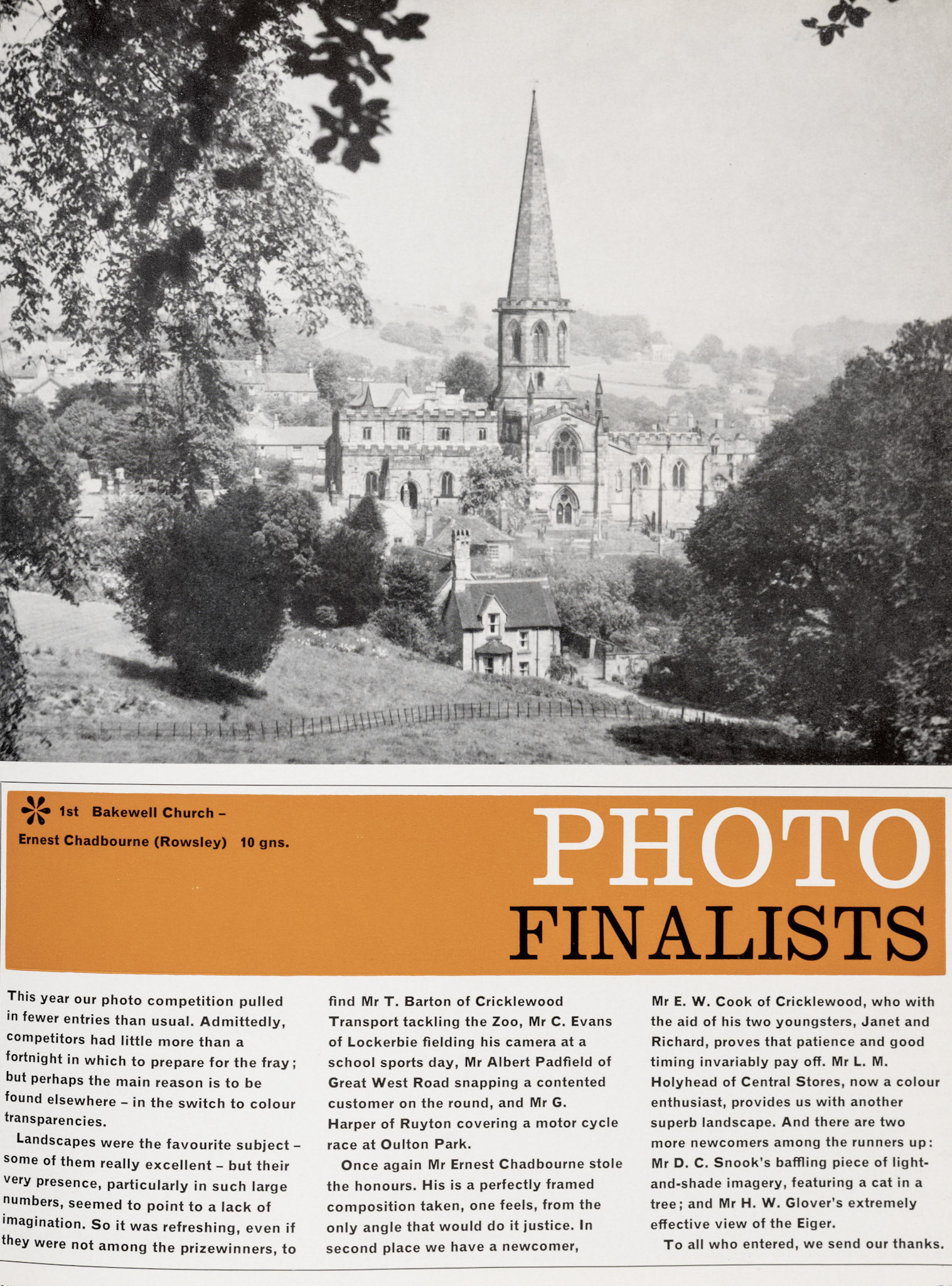 1962 Photo competition winners include Mr T. Barton (Cricklewood Transport), Mr C. Evans (Lockerbie), Mr Albert Padfield (Great West Road), Mr G. Harper (Ruyton), Mr Ernest Chadbourne, Mr E.W. Cook (Cricklewood), Mr Ian L. Kirton (Sheffield), Mr E.A. Dewey (Engineering Dept), Mr L.M. Holyhead (Central Stores), Mr H.W. Glover (Chief Office), and runners up Mr D.C. Snook (Architectural Dept) and Mr H.W. Glover. (Express News Autumn)