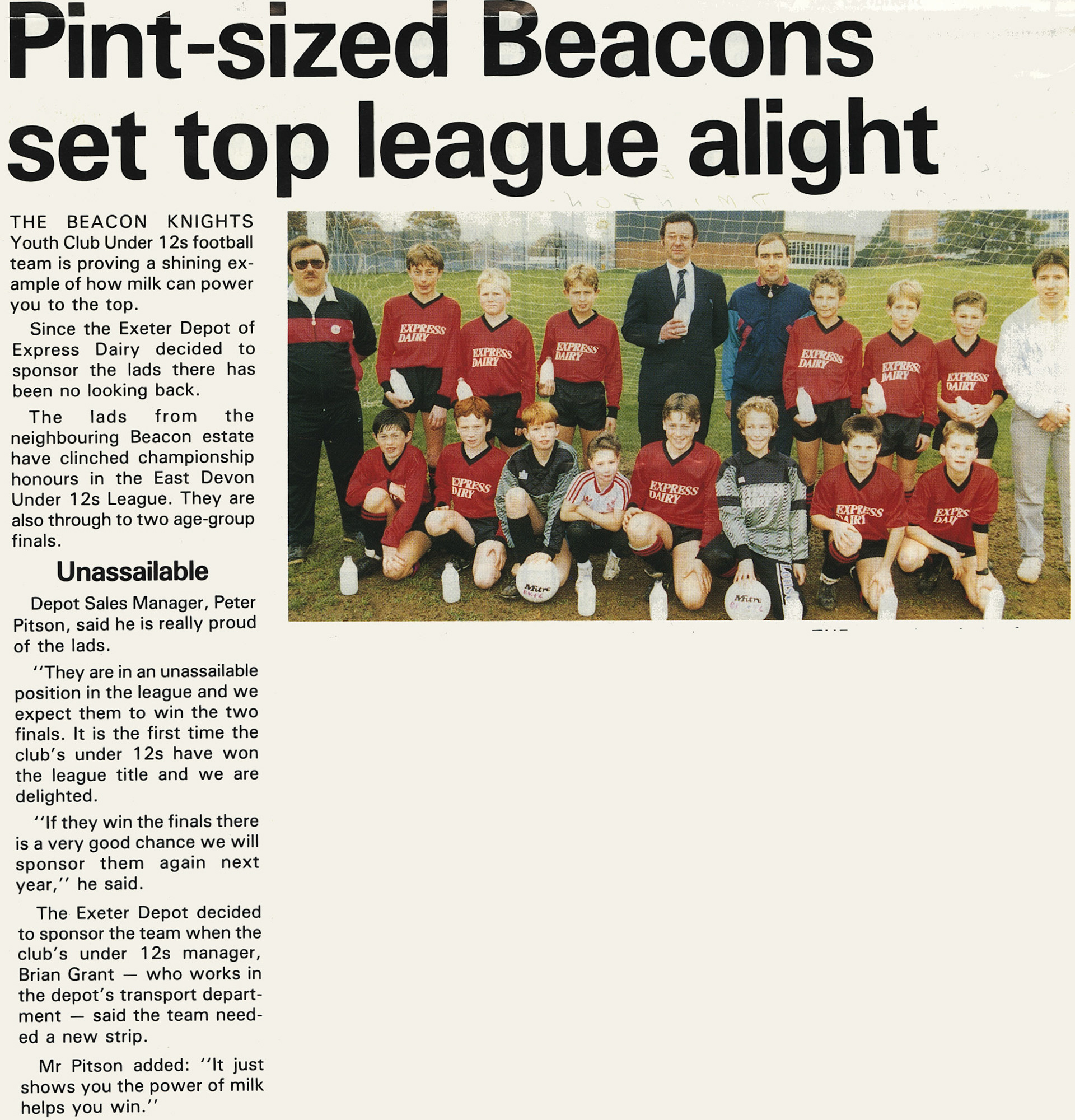 1989 Exeter Depot sponsors the Beacon Knights under 12 football team - Express Foods News (Courtesy Beryl Purslove)