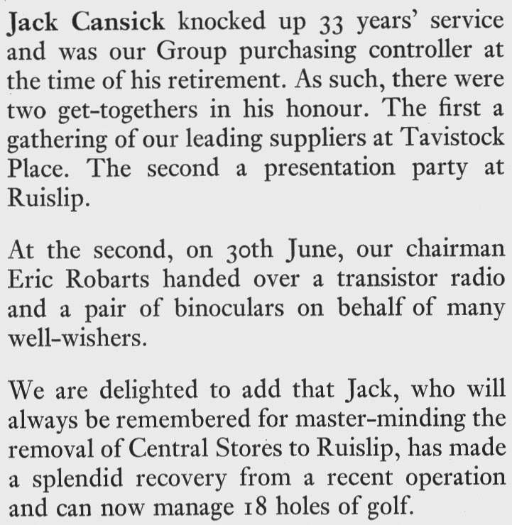 1972 retirements-Jack Cansick after 33 years as Group Purchasing Controller. (Express News Christmas)