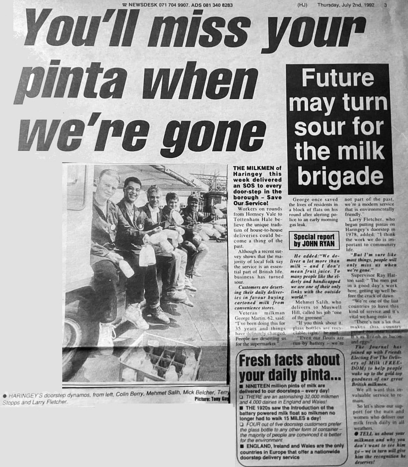1992 Harringay. Michael Aldread comments "Found these old newspaper clippings of our quest to save the local milkman-Harringay, probably outside the town hall, with Colin Berry, Mehmet Salih, Mick Belcher, Terry Stopps and Larry Fletcher." (Courtesy Michael Aldread)
