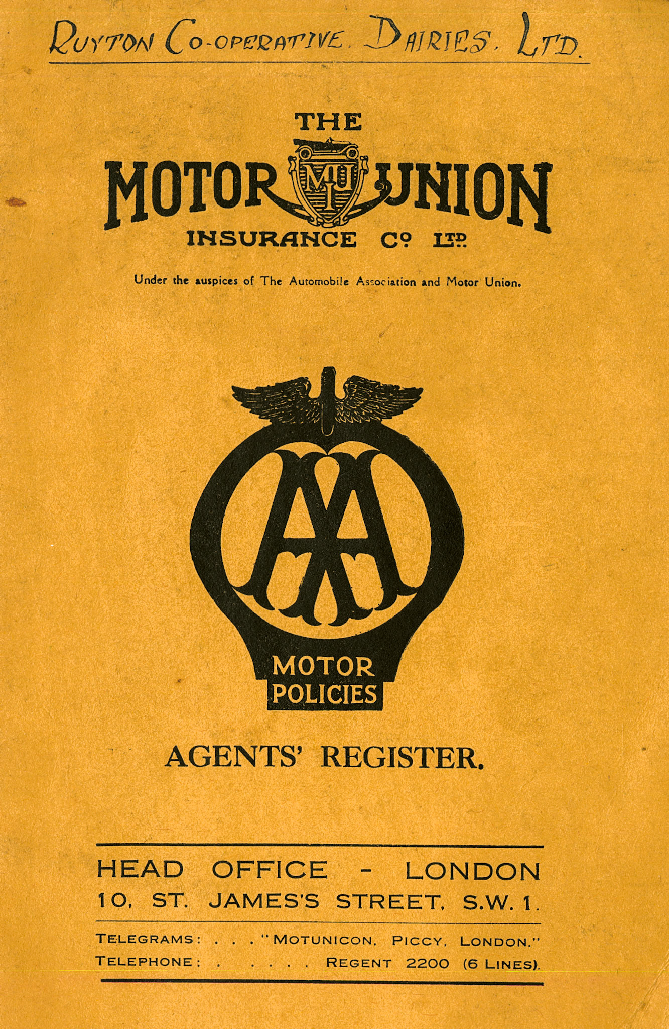 1926 - 1932 The Motor Union Insurance Co. Ltd Agent’s Register, Front Cover