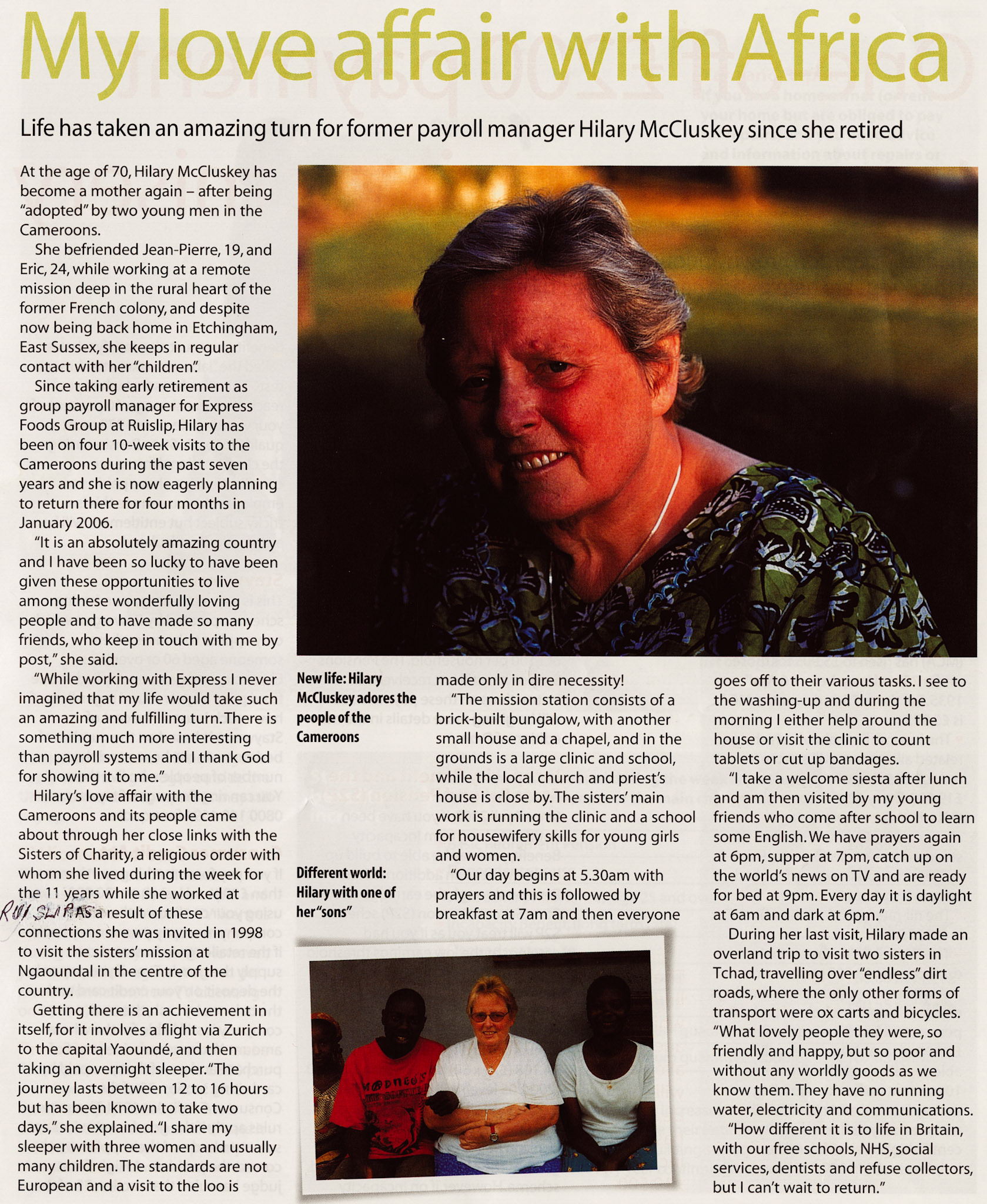 2005 - Post retirement article about Hilary Bowyer's charitable activities in Africa. (Courtesy Hilary McCluskey/Bowyer)