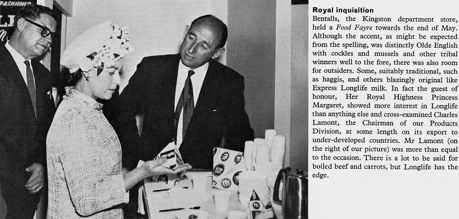 1968 Bentalls of Kingston held a 'Food Fayre', opened by Princess Margaret, with Charles Lamont on the right. (Express News Summer)