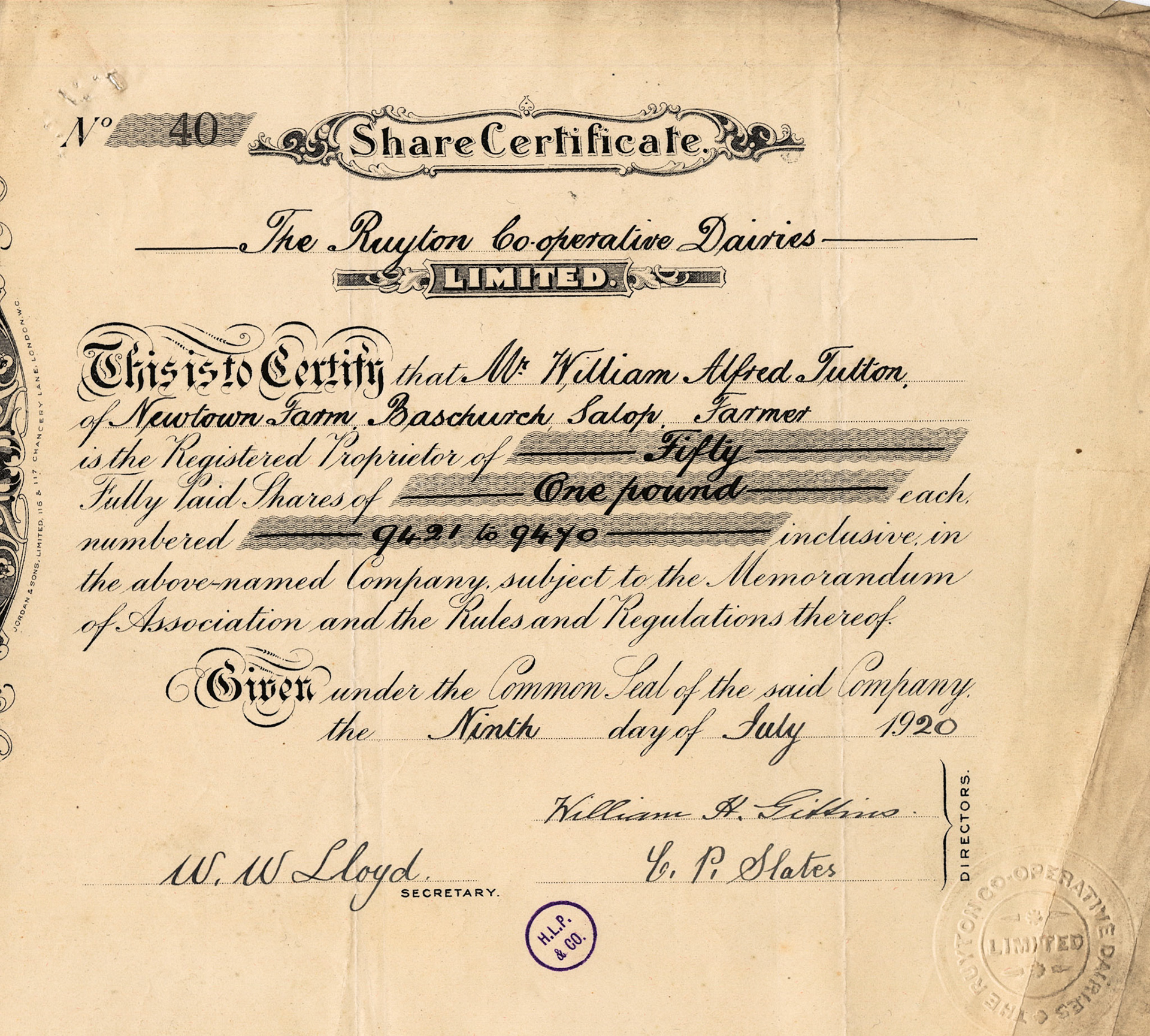 1920 Share Certificate-Mr William Alfred Tutton