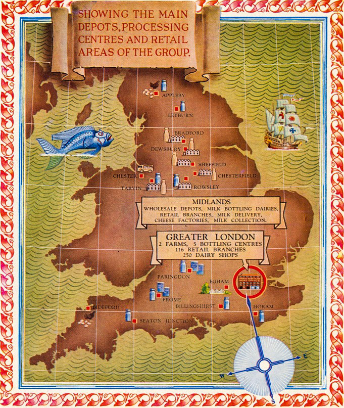 1950 Map of Express Dairy Co. locations. Appleby, Bideford, Billingshurst, Bradford, Chester, Chesterfield, Dewsbury, Egham, Faringdon, Frome, Horam' Greater London (2 Farms, 5 Bottling Centres, 116 Retail Branches, 250 Dairy Shops), Leyburn, Midlands (Wholesale Depots, Milk Bottling Dairies, Retail Branches, Milk Delivery, Cheese Factories, Milk Collection), Rowsley, Seaton Junction, Sheffield, Tarvin (Courtesy Alan Salt)