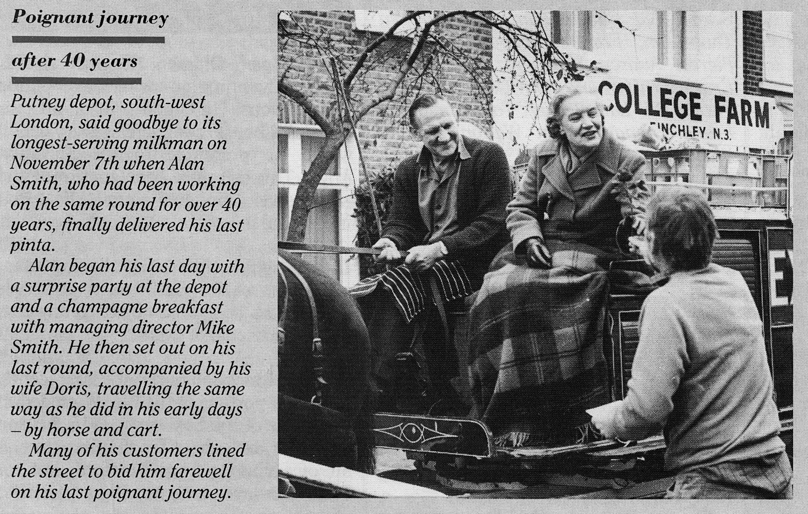 1988 Alan Smith, Putney depot's longest serving milkman does his last round on a horse and cart.  (January Express News)