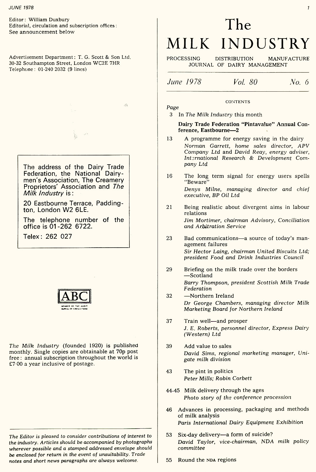 1978 'Milk Industry' Magazine June Contents Page. (Courtesy Michael Mitchell)