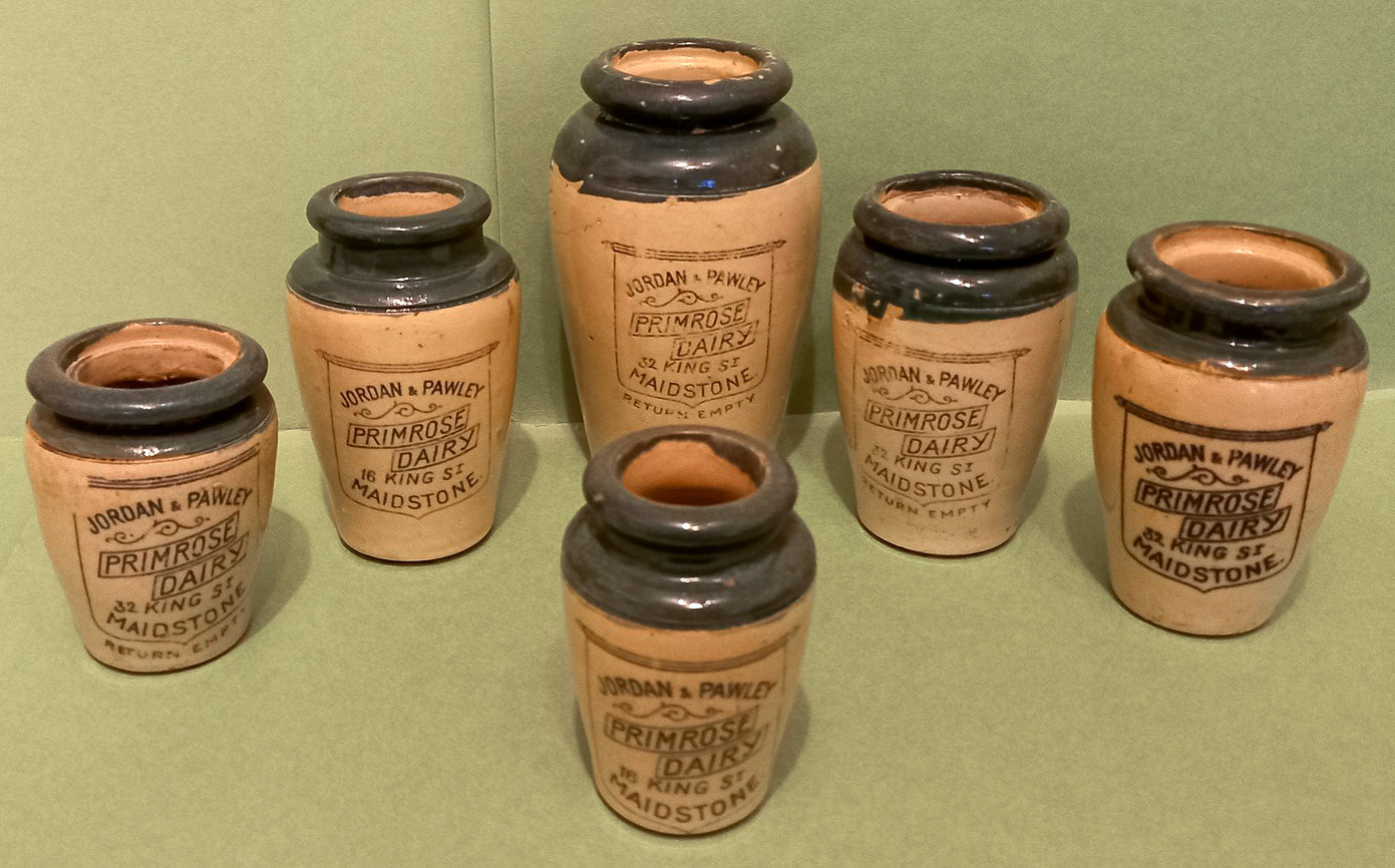 Cream pots from the Primrose Dairy in Maidstone, There are three different sizes and two different addresses in King Street, 16 and 32. (Courtesy Robert Church, More Memories Of Maidstone FB Group)