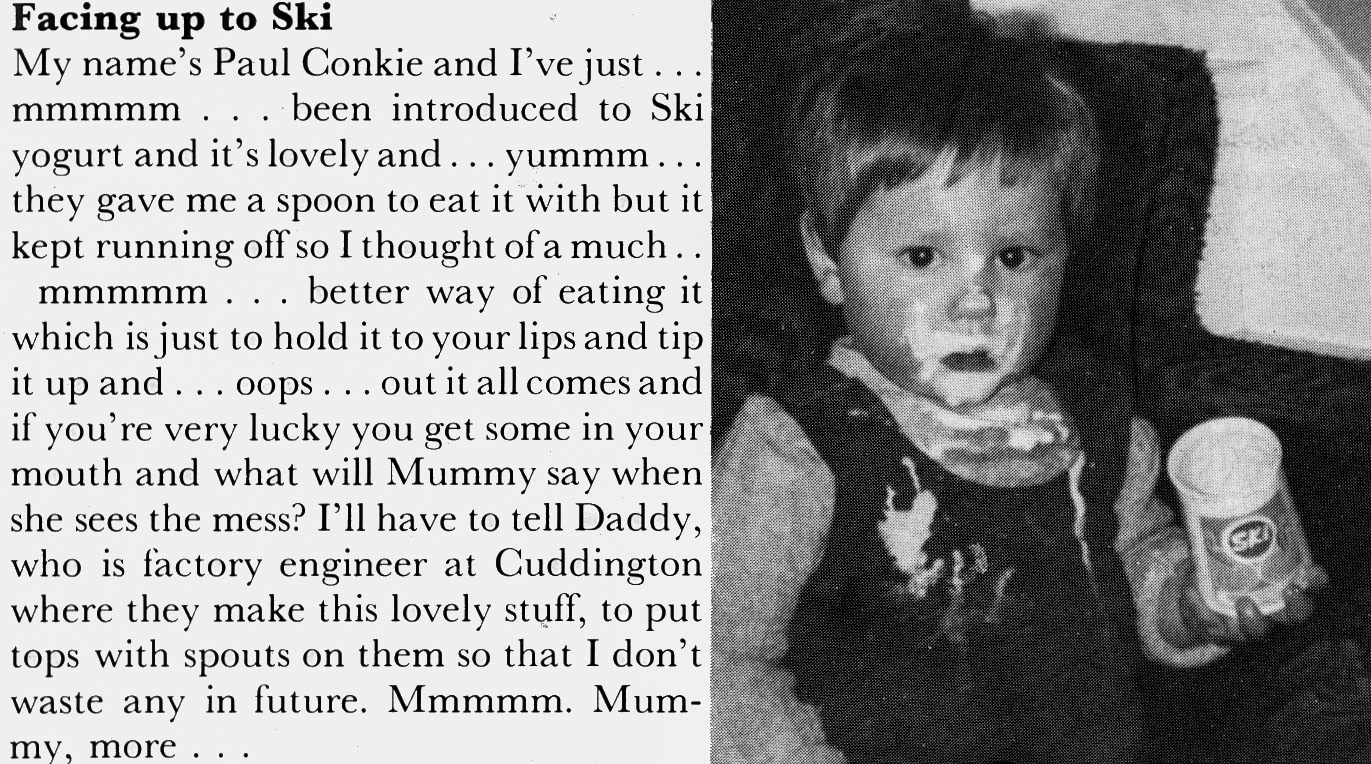 1980 Paul Conkie, son of Cuddington engineer, enjoys his Ski yogurt.  (Express News October)