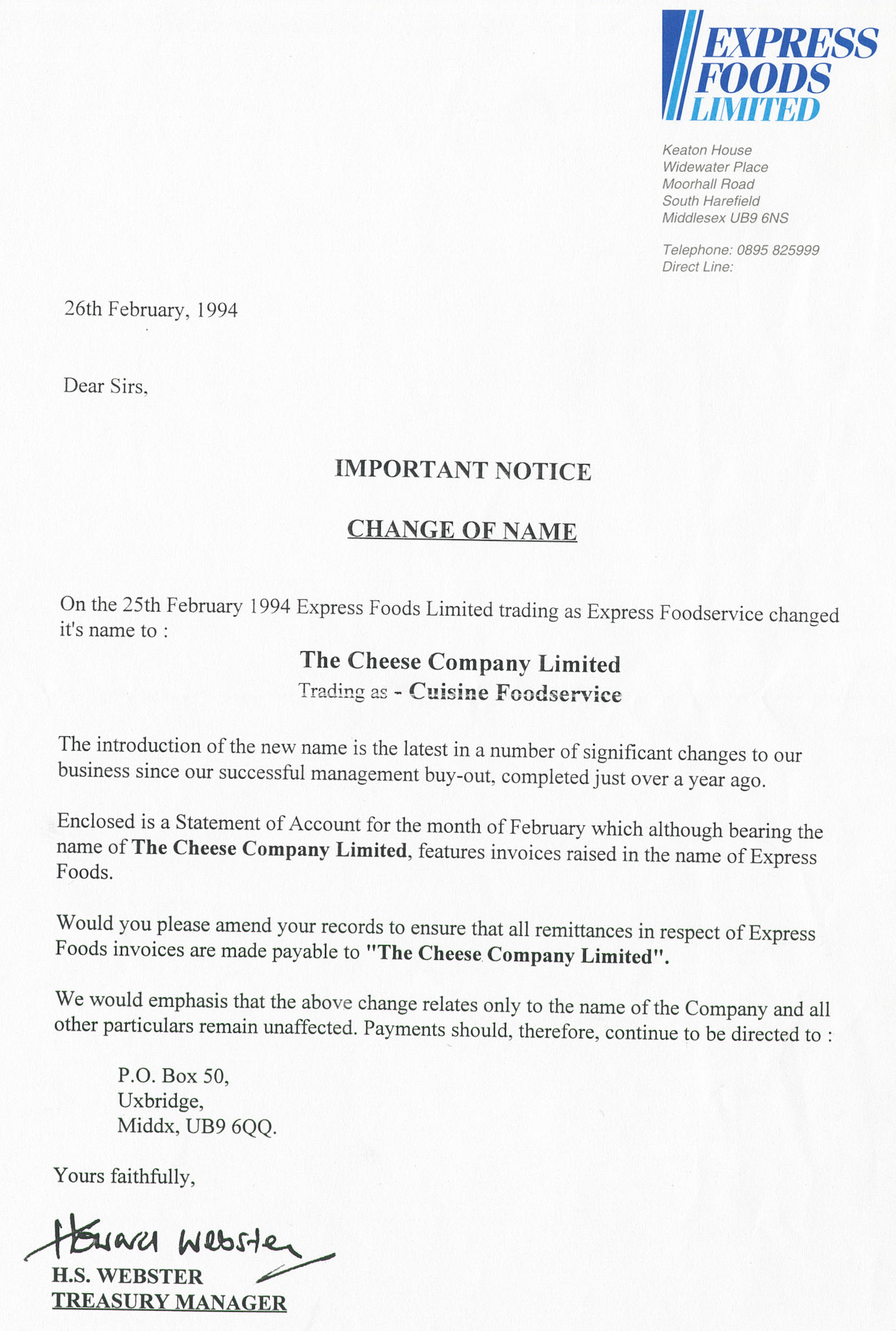 1994 Letter from Howard Webster to Brazier's requesting payments to Express Foods now be made to 'The Cheese Company Limited" trading as Cuisine Foodservice. (Courtesy Paul Luke)