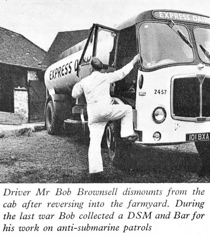 1961 First Express ex-Farm 1750 gallon bulk milk tankers-Bob Brownsell dismounts from the tanker 101 BXA, Co: 2457. Jacquie Brownsell comments "I’m from Swindon and married to David Brownsell, who is one of Bob’s sons and originally from Rickmansworth. Another family member told us about this article." (Express News Summer)