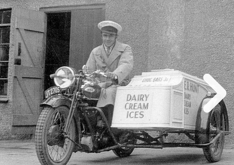 1920's Ice cream sales by motor bike and sidecar. (Courtesy www.huntsfoods.co.uk)