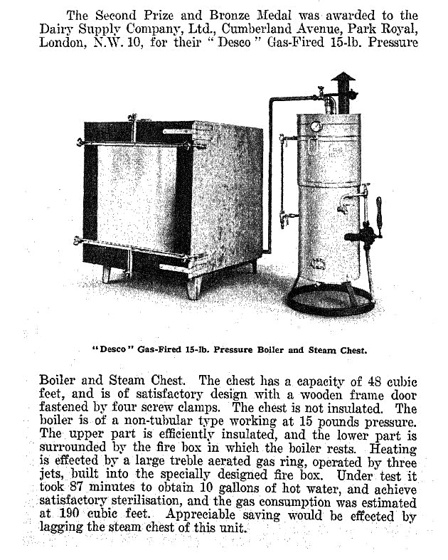 1938 Dairy Supply Company won Second Prize for 'Desco' Gas-fired boiler. (From Milk Producer magazine)