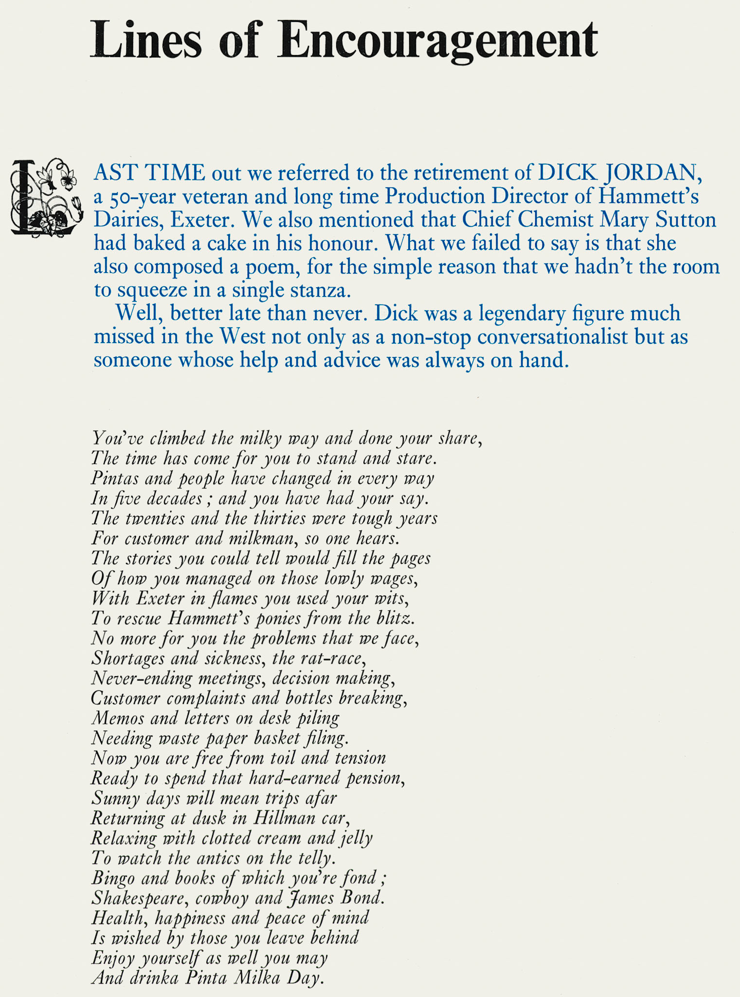 1974 Exeter's Chief Chemist Mary Sutton wrote this poem to mark Production Director Dick Jordan's retirement. (Express News Summer)