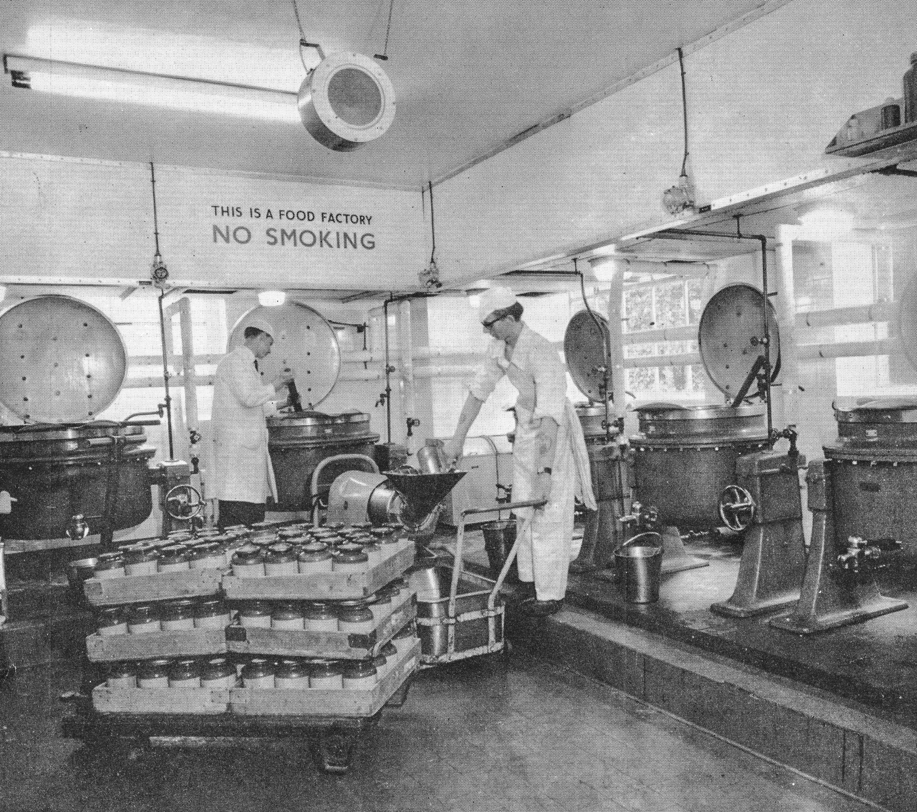 1960's? Colindale Central Kitchen, showing soup for restaurants being simmered in steam-jacketed boilers before filtration to remove sediment. (From Express Story 1864 - 1964)
