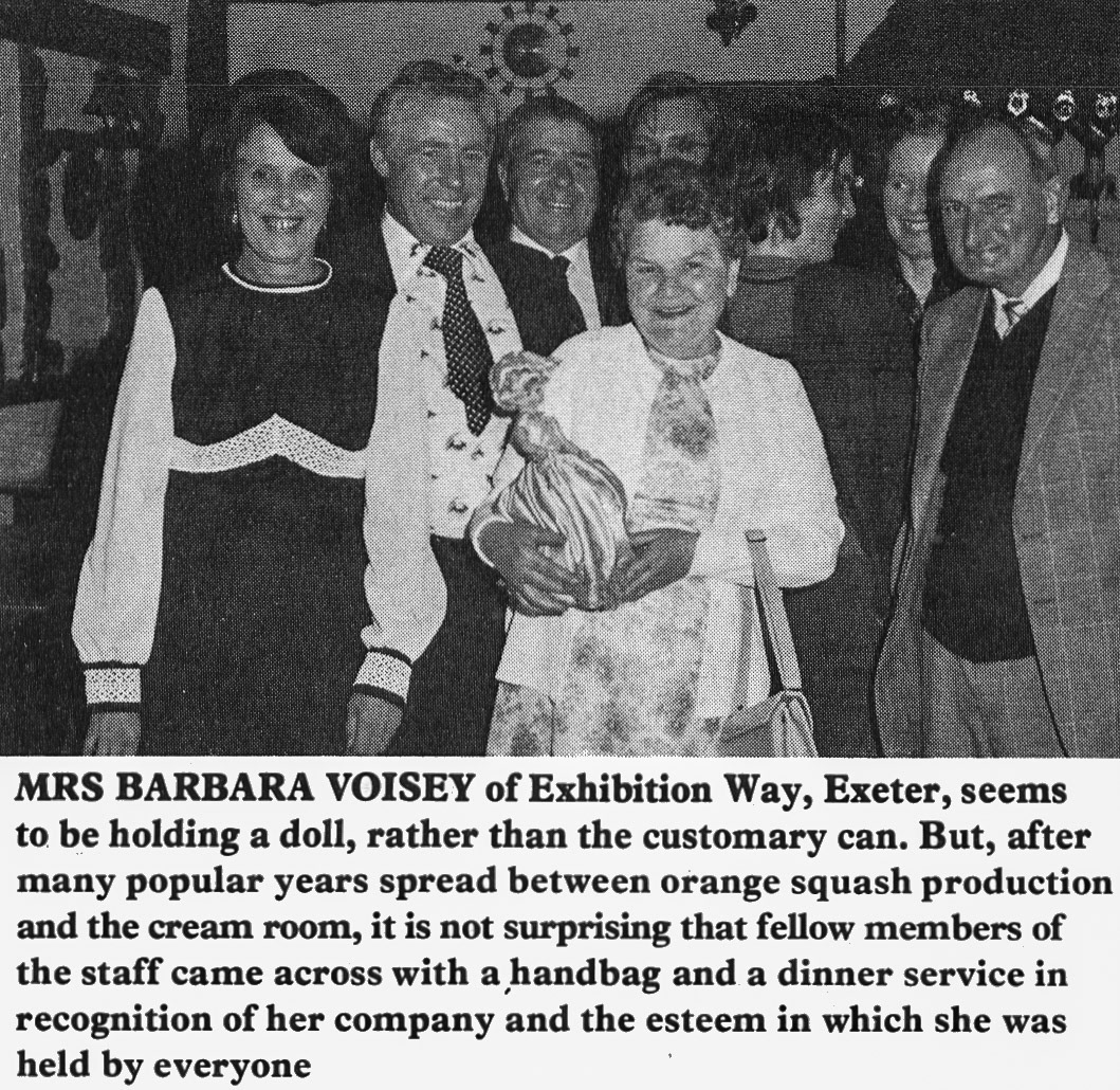 1977 Exeter Exhibition Way veteran Mrs Barbara Voisey retires. Jimmy Reid identifies Donald (Thomas John) Willey, Taff (Byron Williams?) and Ivor Larkworthy. Both Don and Ivor came over to milk processing in the 80’s and Taft retired. (Express News Summer)