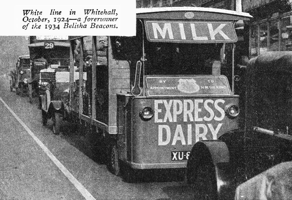 1924 Traffic queue including Express Float, in Whitehall. From 1935 May-Dairymaid Magazine 47-Edited Highlight (Express Dairy Tales Archive)