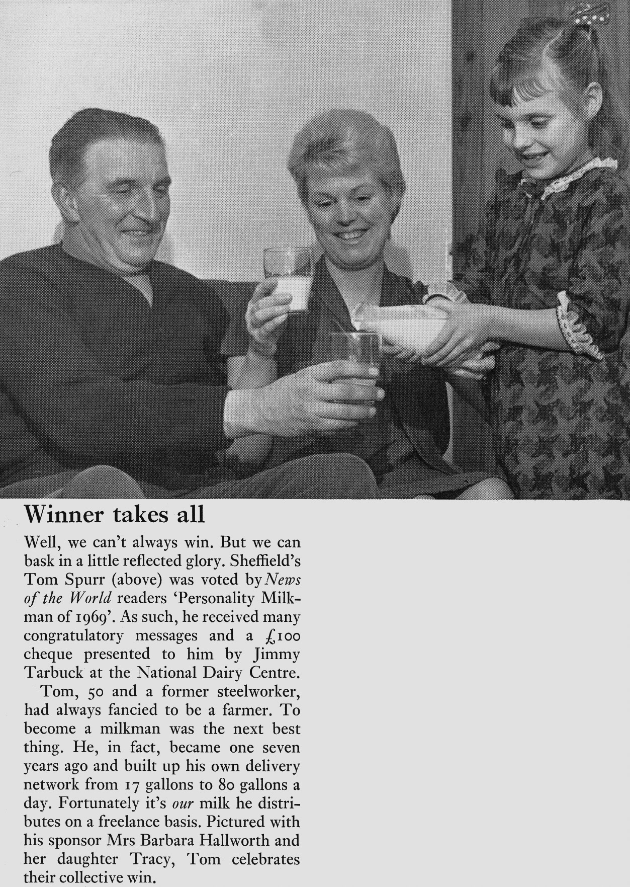 1969 Tom Spurr from Sheffield wins the 'Personality Milkman of the Year' award with his customer sponsor Barbara Hallworth and her daughter Tracy. (Express News Spring)