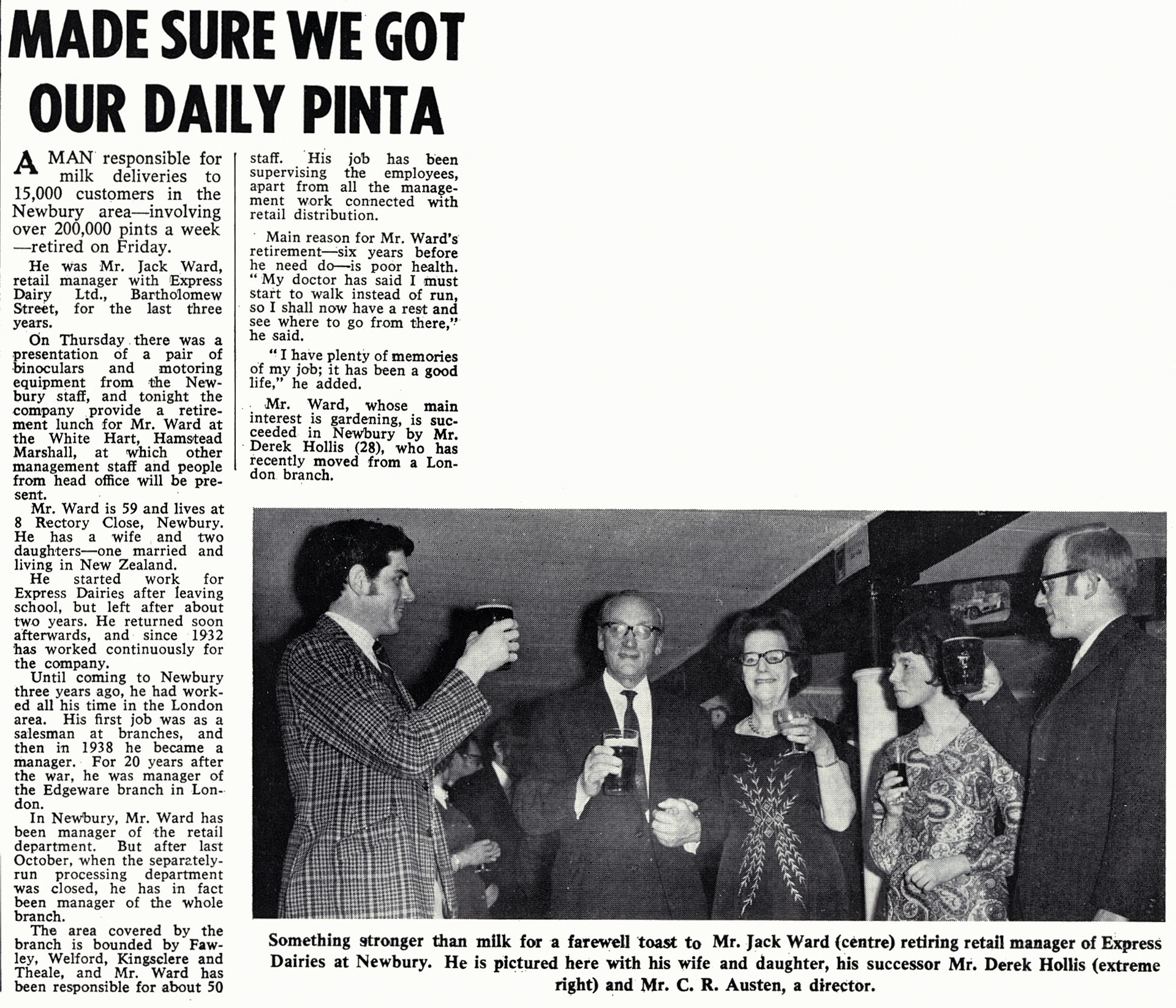 1971 Newbury retail depot manager Jack Ward at a retirement lunch after 39 years. Pictured with his family, Chris Austen on the left and Derek Hollis, the new manager, on the right. (Courtesy Doreen Williams)