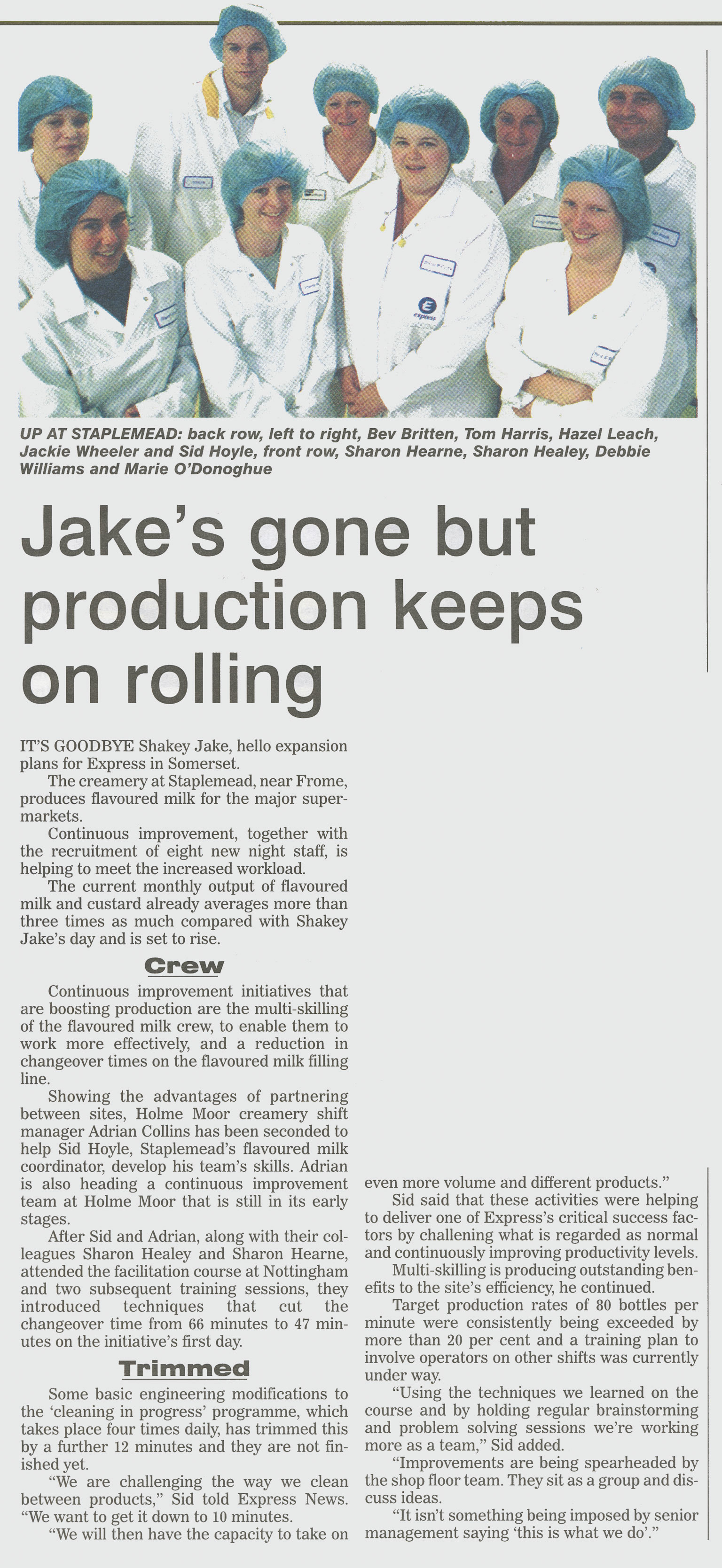 2001 Staplemead loses Shakey Jake production but increases flavoured milk and custard.  (Express News October, courtesy Paul Luke)