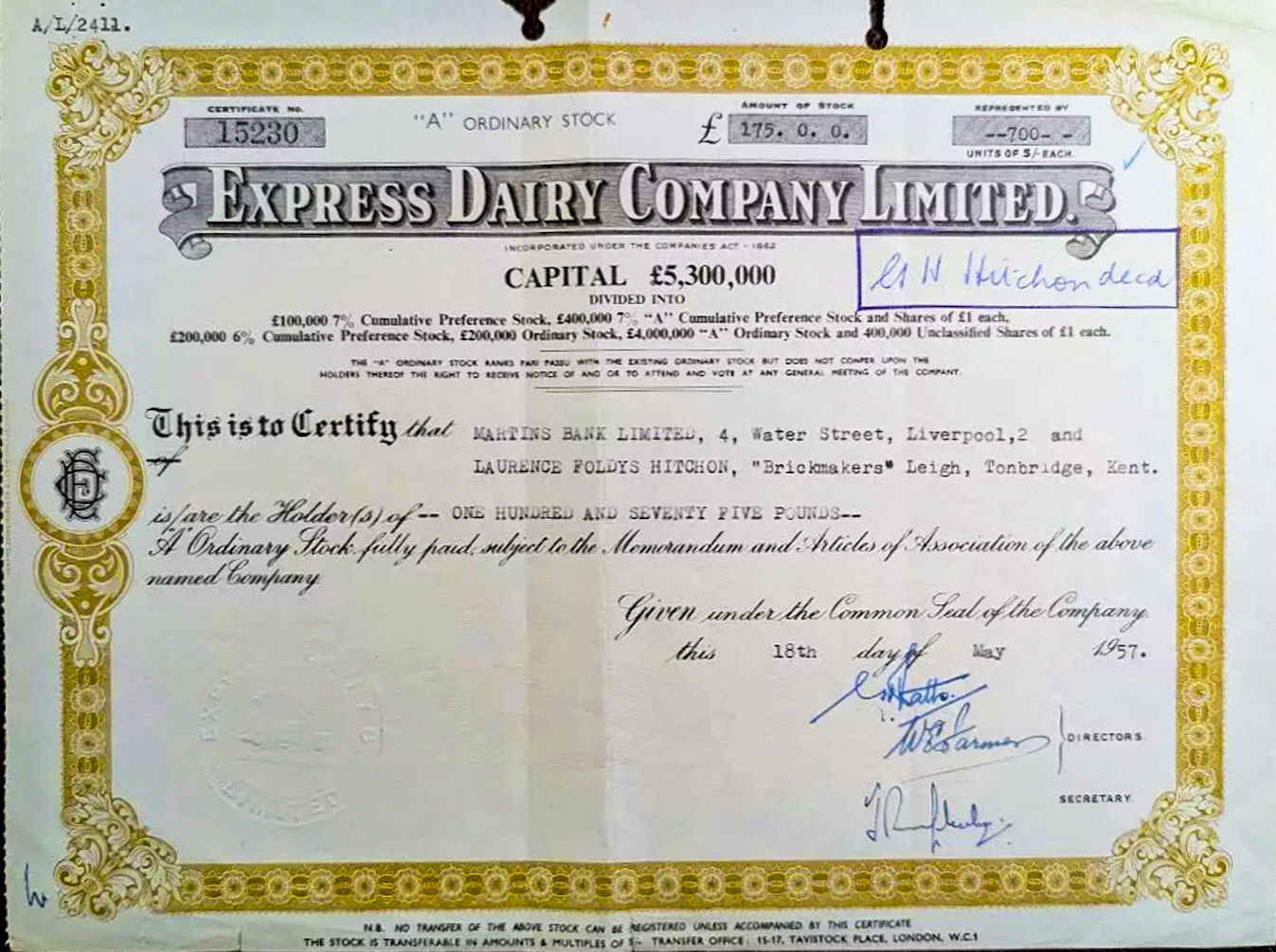 1957 Express Dairy Company Limited Share Certificate, £175 in the name of L. H. Hitchon. (Courtesy lasting-impressions, eBay)