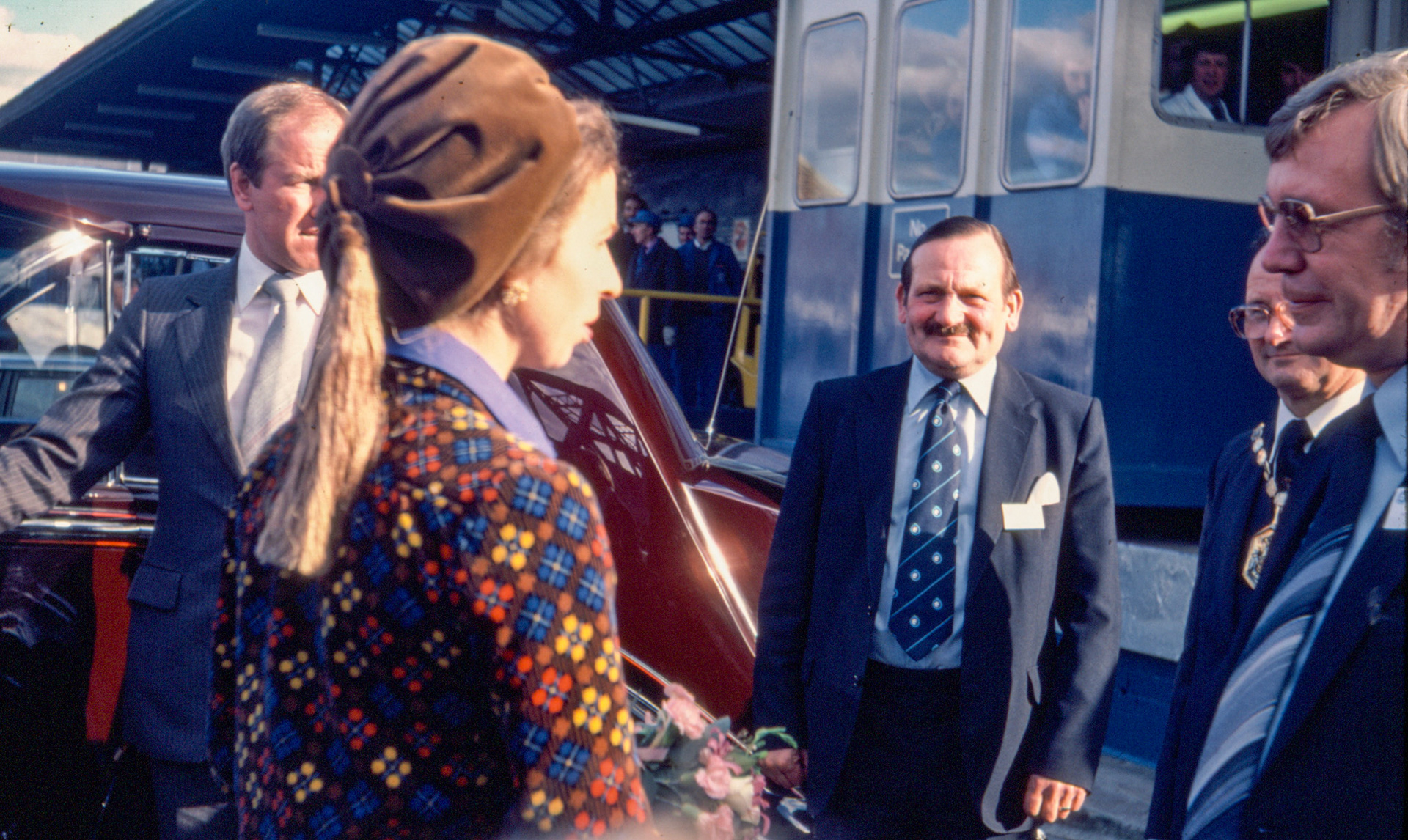 1980 South Morden, Princess Anne visit. Greeting the Princess are Jim Hodges, the Mayor and Keith Farrell. (Express Dairy Tales collection)