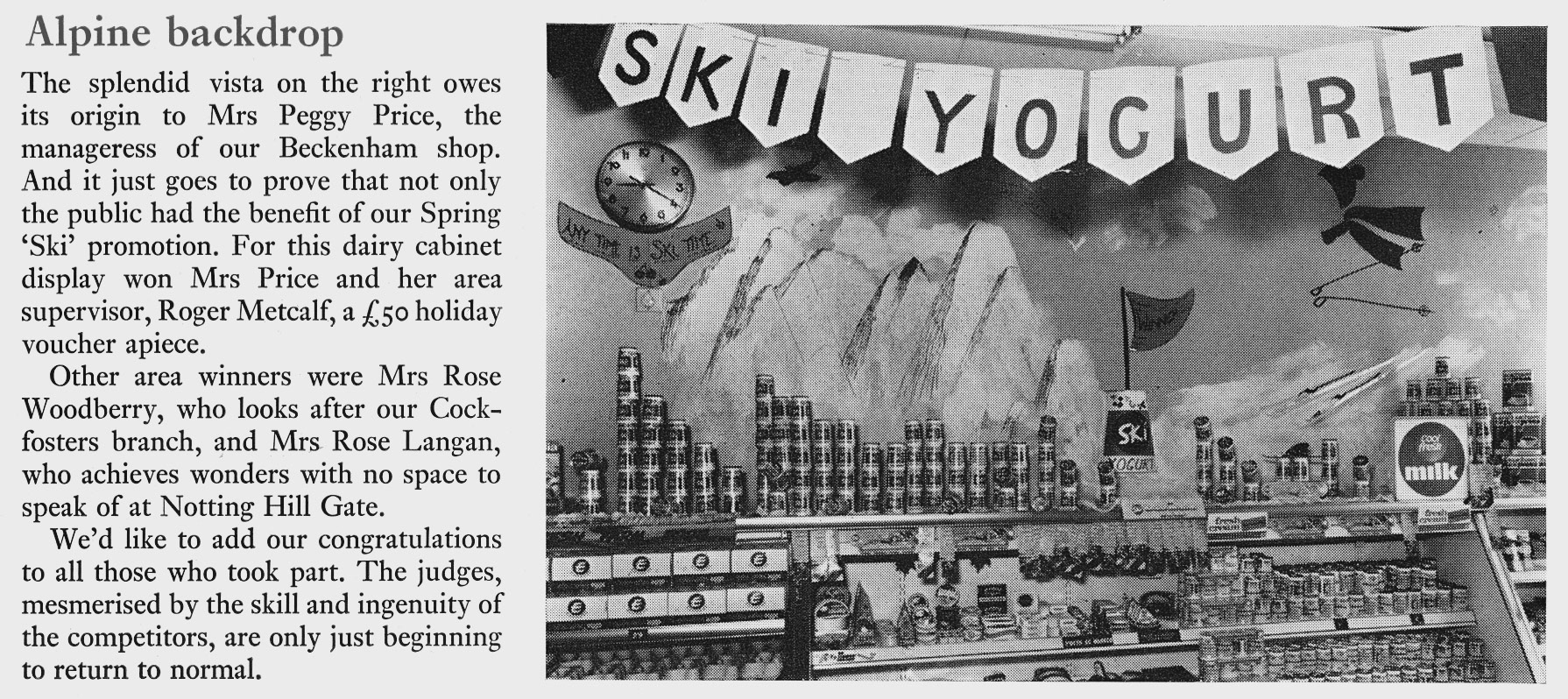 1970 Beckenham shop manageress Mrs Peggy Price, and her area supervisor Roger Metcalf win holiday vouchers for this display. (Courtesy Doreen Williams)
