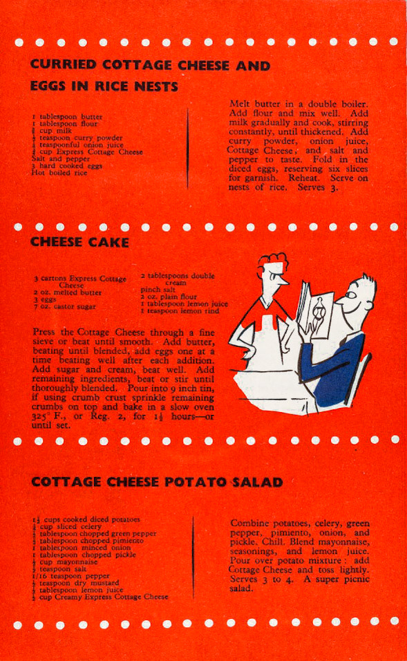1957 Recipe leaflet introducing and advertising cottage cheese. Printed in black, red and blue on white paper. Front page has a line illustration of a young woman in red slacks and blue and white banded matelot shirt sitting on a tub of Express Cottage Cheese. The recipes are illustrated with humorous cartoons. (Courtesy Wellcome Collection)
